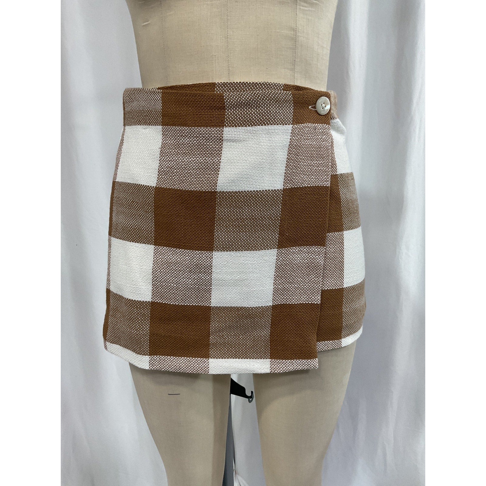 Staud 'Tour' Brown Gingham Cotton-Blend Wrap Miniskirt Size 2