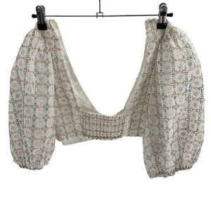 For Love & Lemons Puff Sleeve White Multi Denise Crop Top Size L