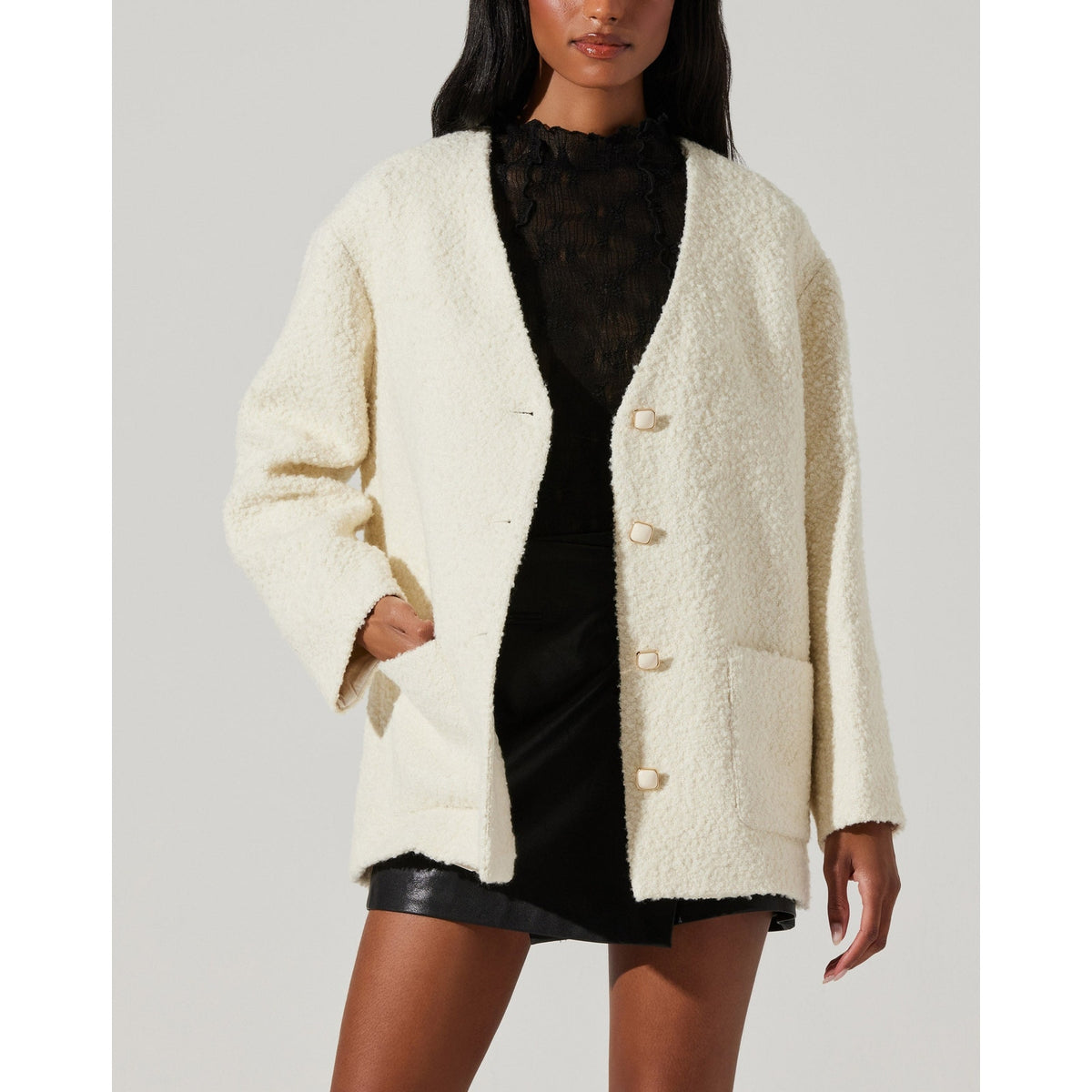 Astr The Label 'Maidy' White Wool Boucle V-Neck Coat Size S - NWT