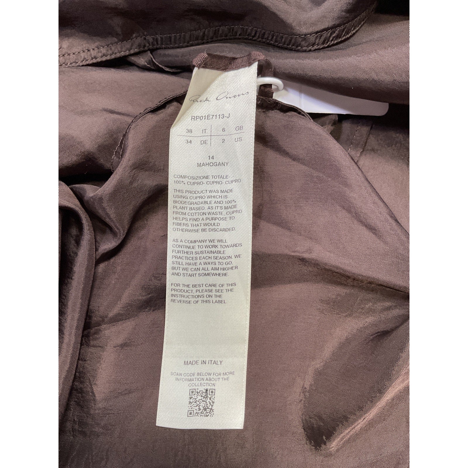 Rick Owens 'Kite' Brown Cupro Tank Top Size 38