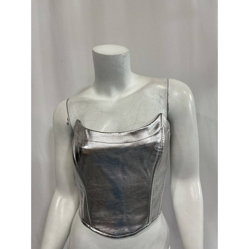 Line & Dot 'Tinsley' Silver Faux Leather Strapless Top Size M