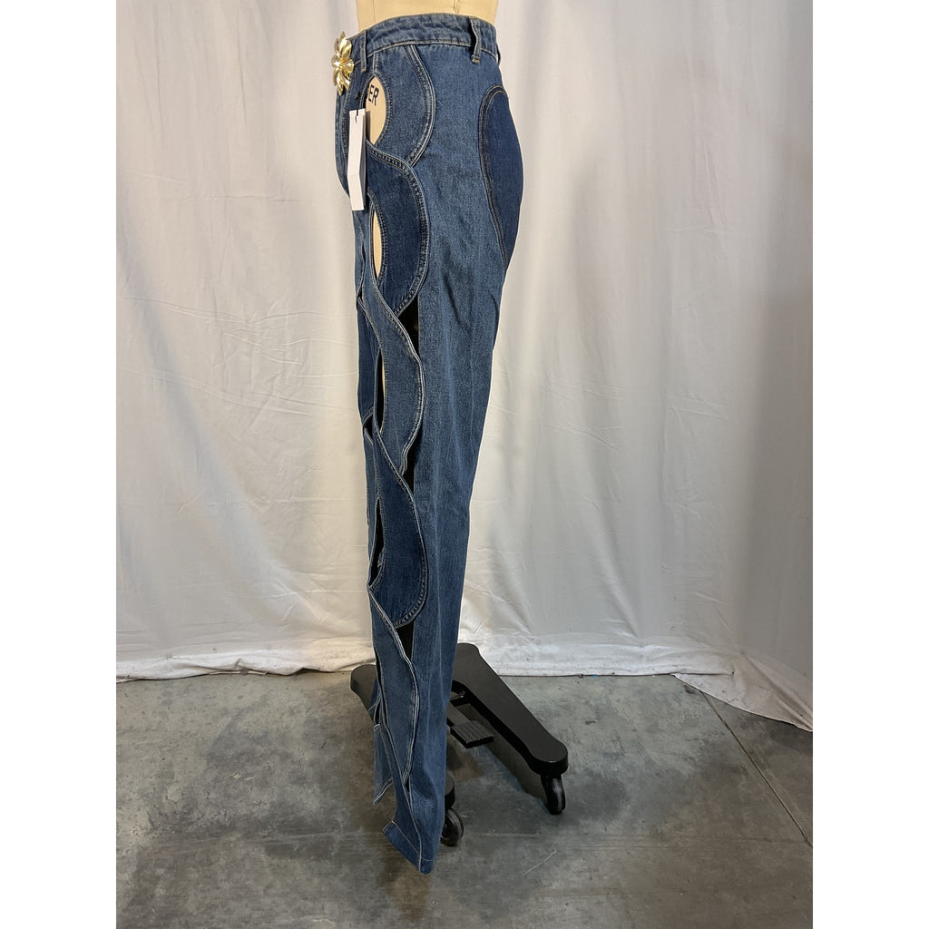 Area 'Rope' Blue Floral Cutout Wide Leg Denim Jean Size 26 - NWT