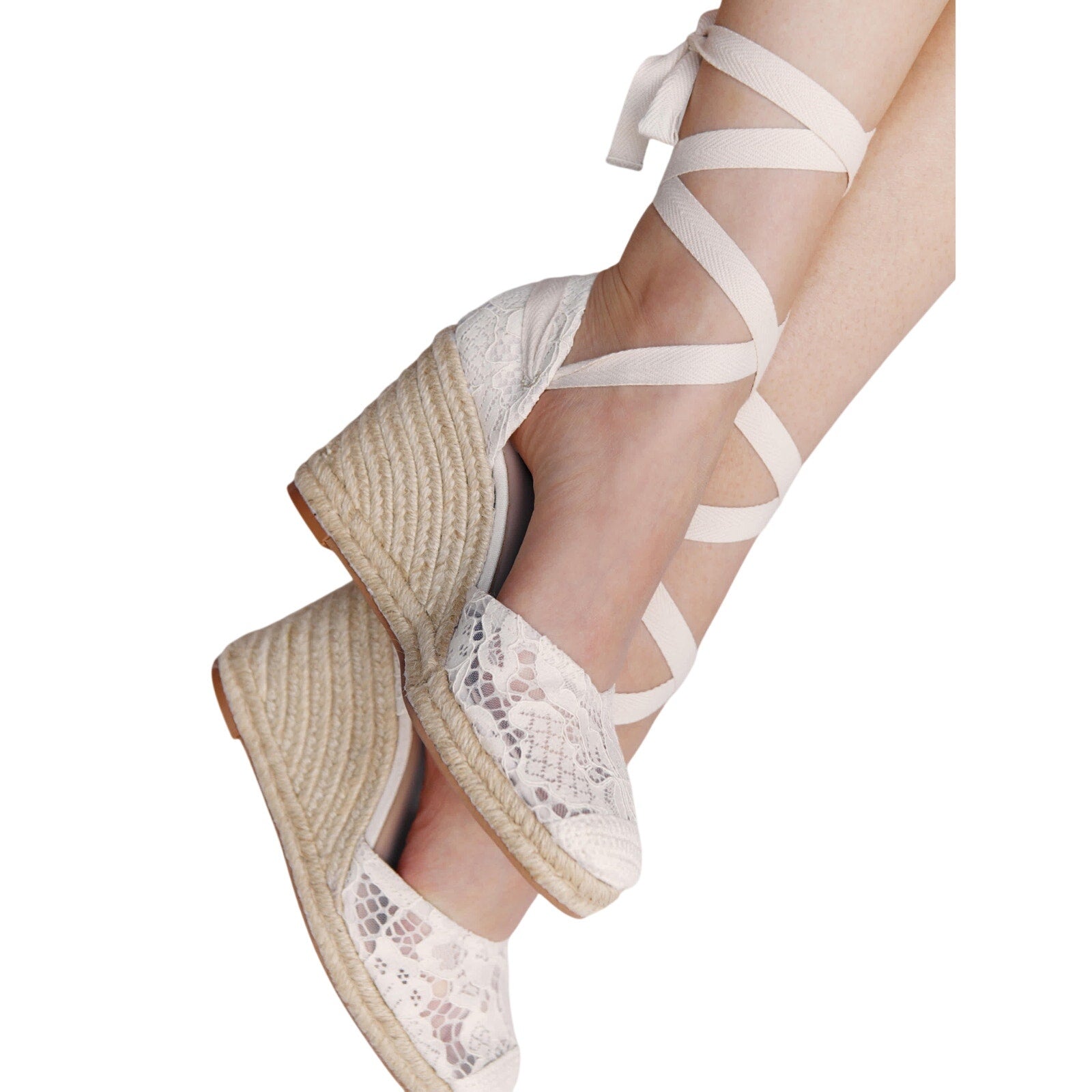 Reformation 'Camilla' Beige Polyester Lace Up Wedge Espadrille Size 7
