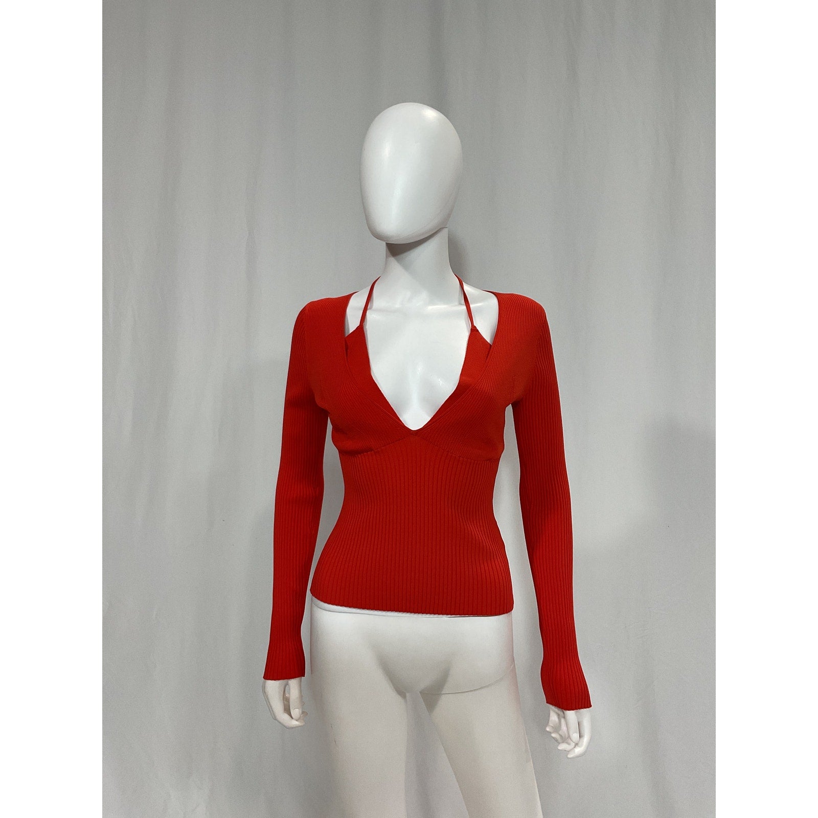 Nicholas 'Amara' Red Knit Halter Mixed Rib Long Sleeve Top Size S