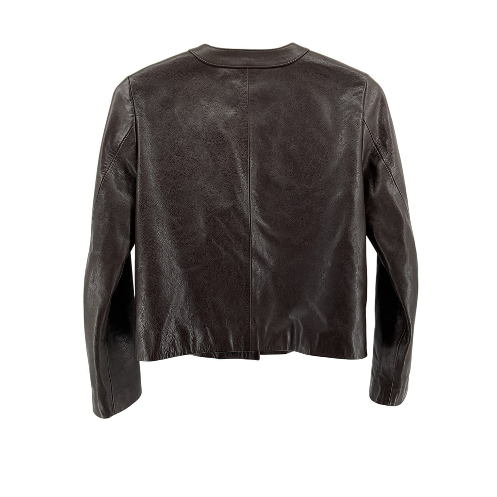 Nili Lotan 'Kitra' Brown Leather Crew Neck Patch Pocket Size S