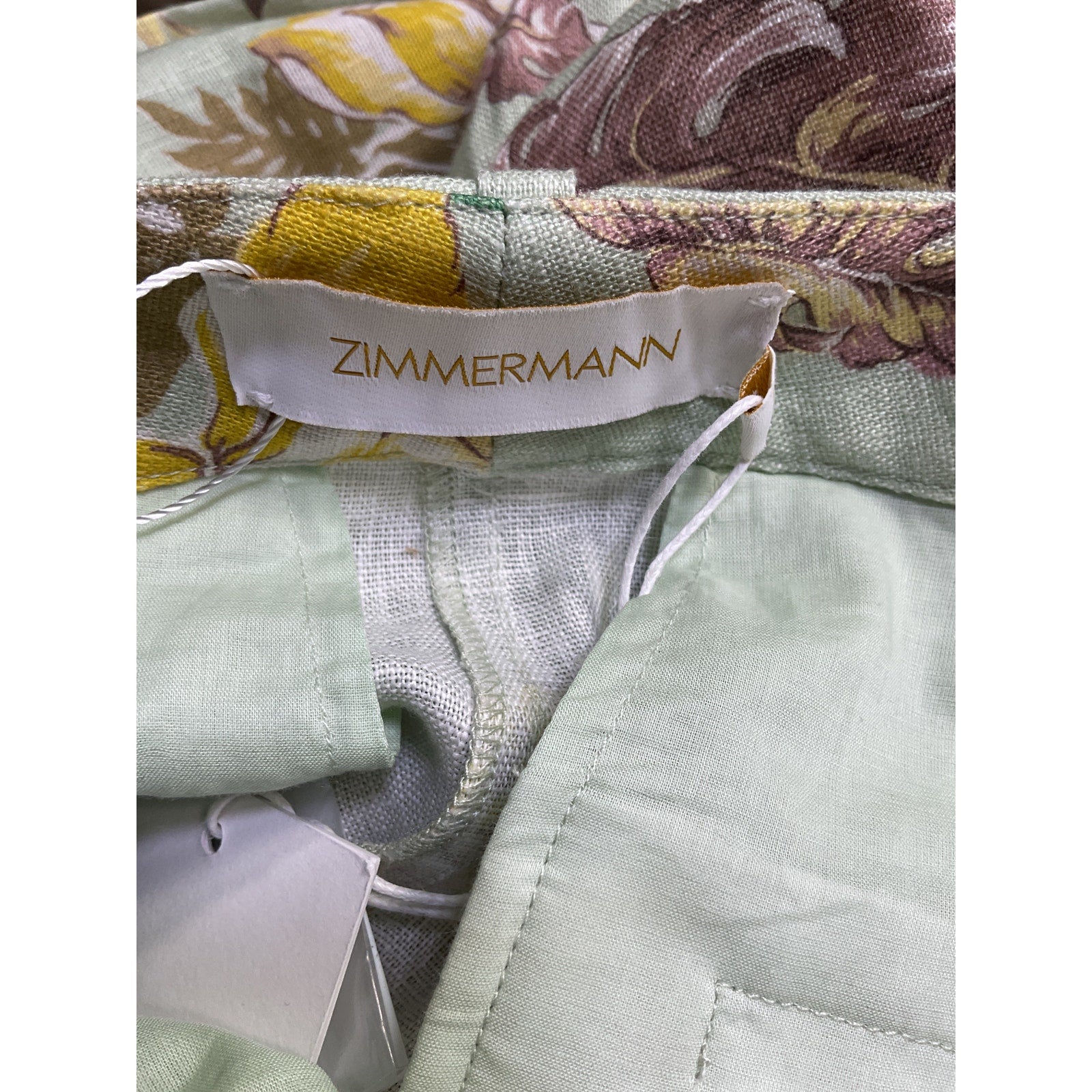 Zimmermann Green Linen Floral-Print Straight-Leg Pants Size 1 - NWT