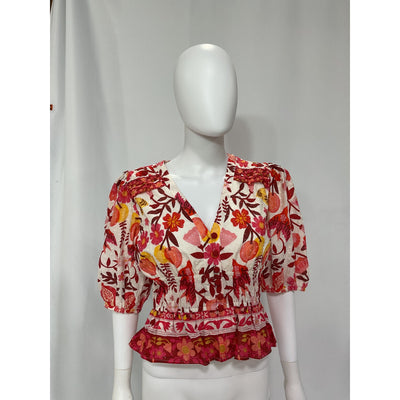 Farm Rio 'Romantic Orchard' White Cotton Puff Sleeve V Neck Top Size S