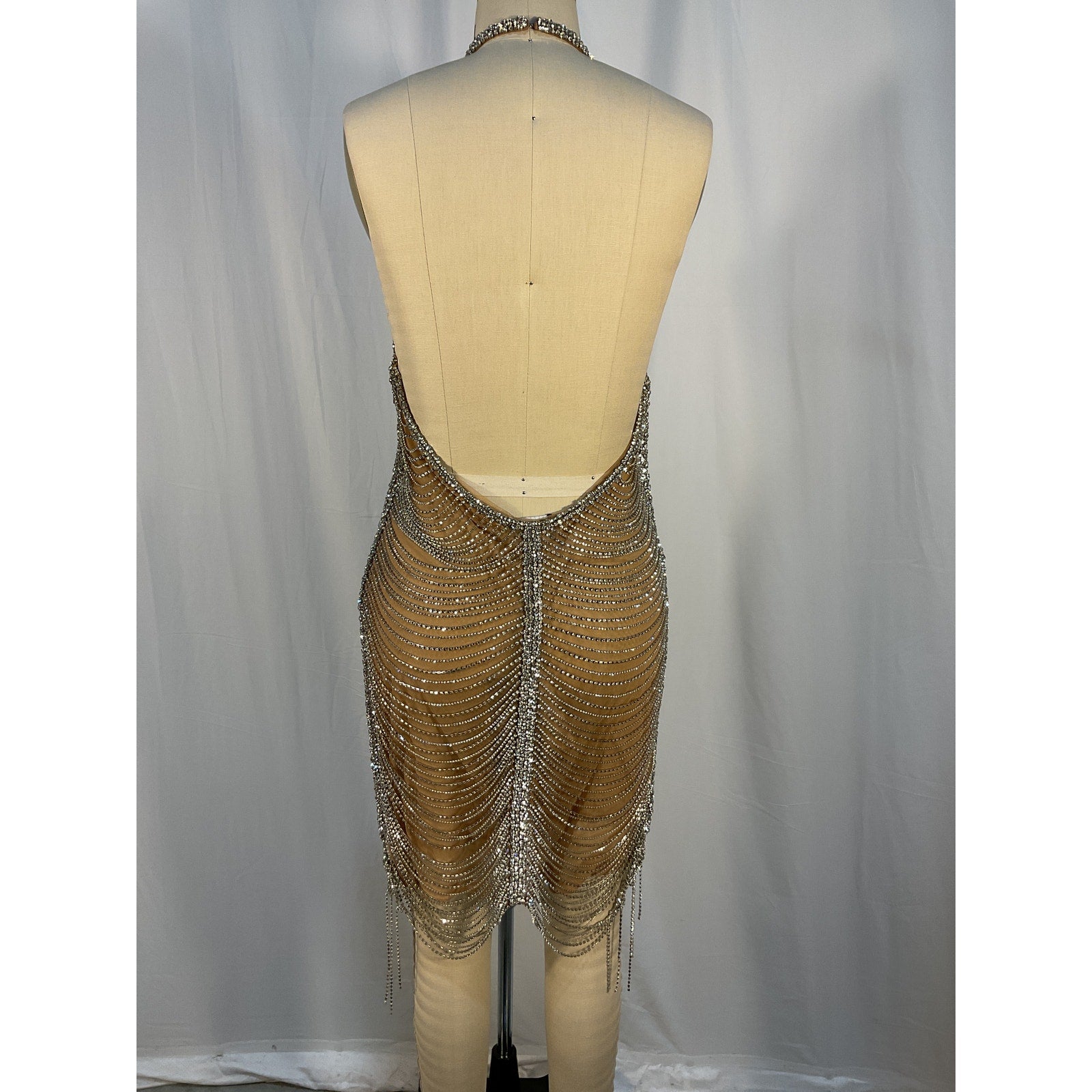 Retrofete 'Irina' Silver Rhinestone Embelished Halter Dress In Nude & Silver Size M - NWT
