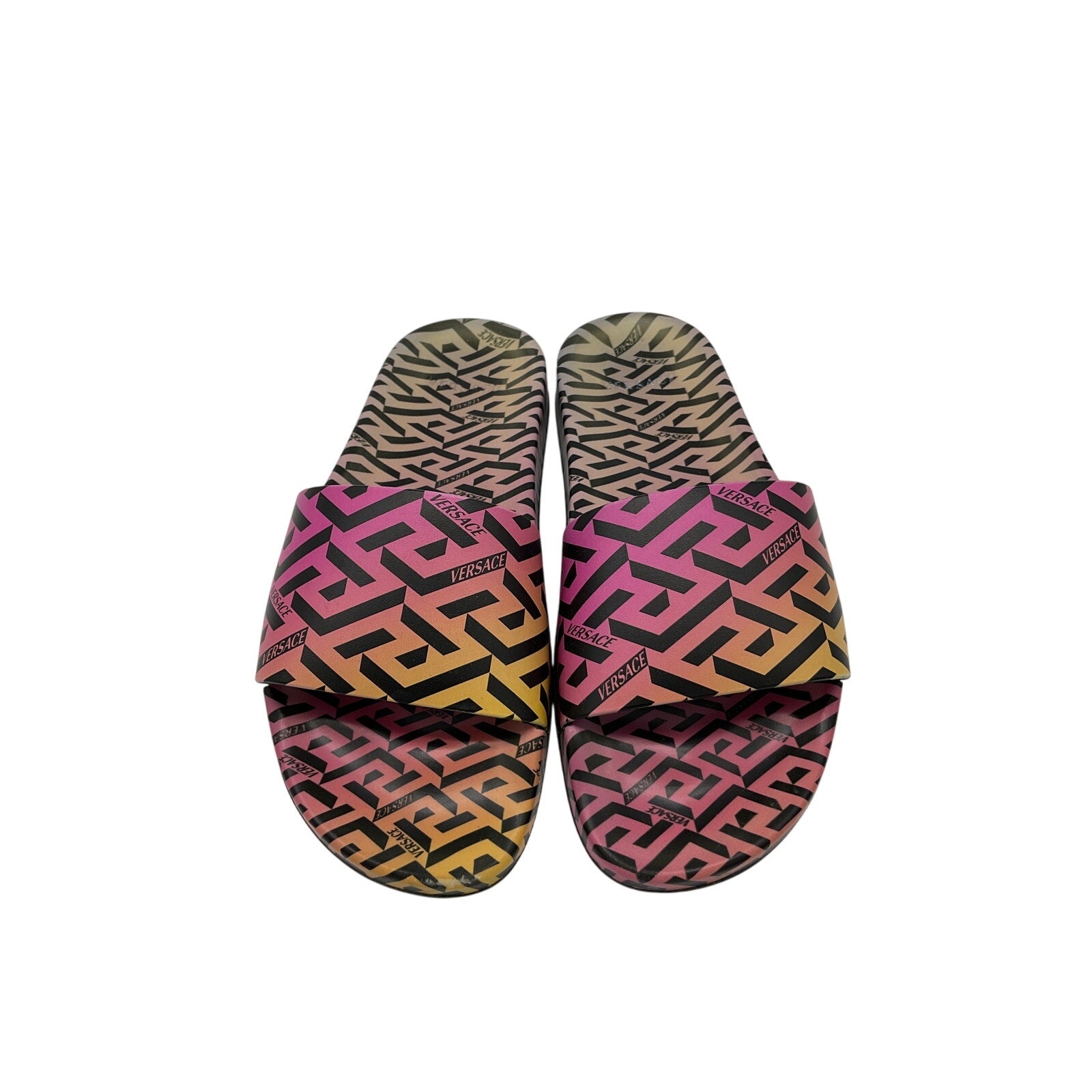 Versace La Greca Pink Polyurethane Print Pool Slides Size 8 US / 38 EU