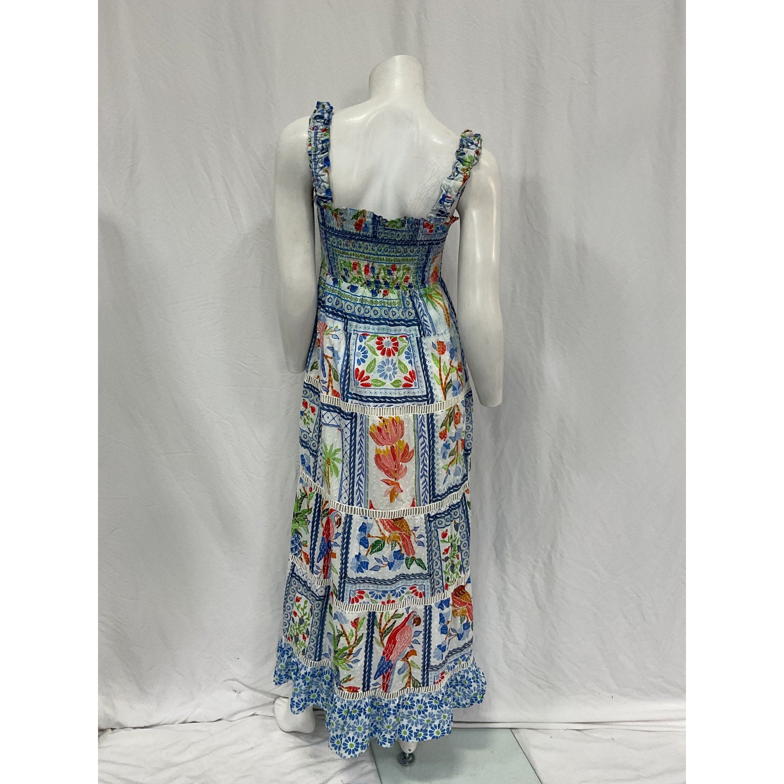 Farm Rio Tropical Blue Linen Tiles Maxi Dress Size S