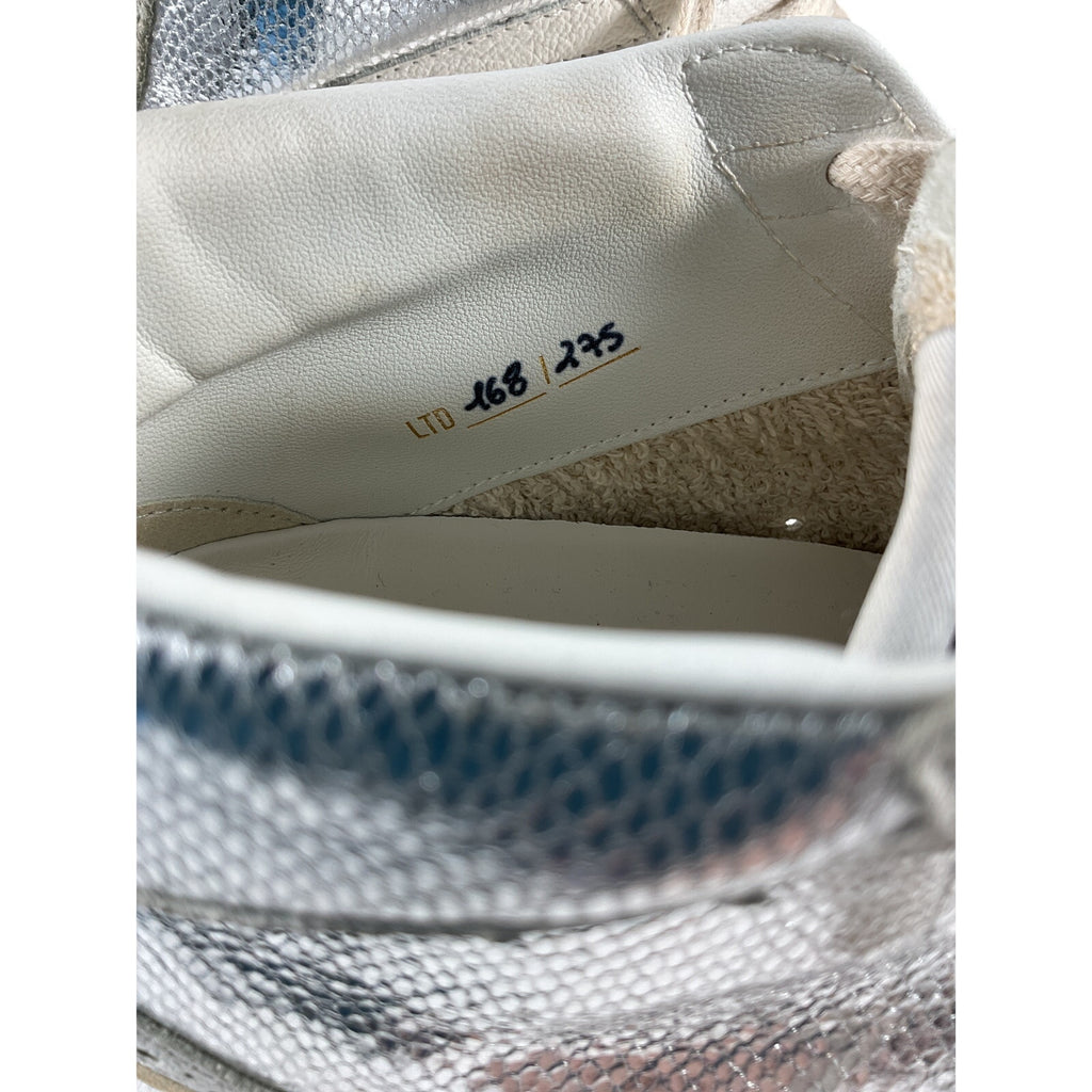 Golden Goose 'Mid Star' Silver Leather Distressed Suede-Trimmed Metallic Snake-Effect Leather Sneakers Size 8