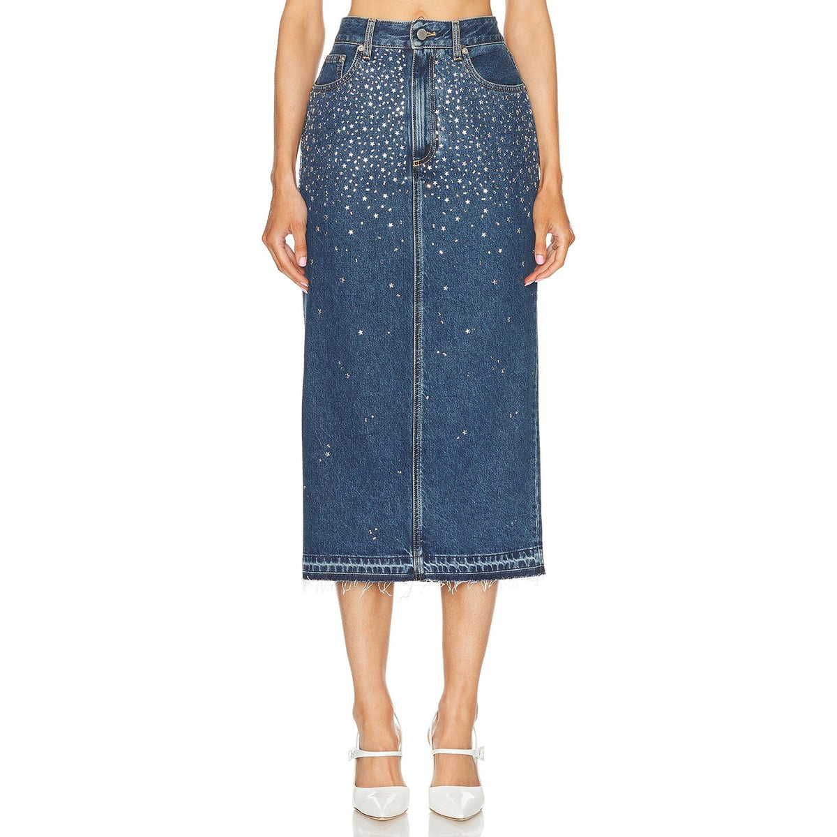 Alessandra Rich Embellished Blue Denim Midi Skirt Size 25 NWT