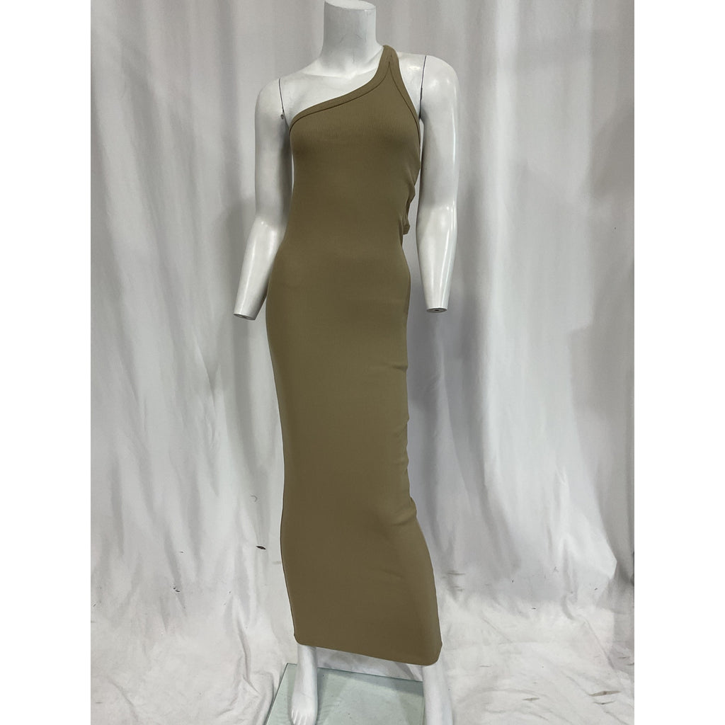 The Line by K Olive Gael One-Shoulder Ribbed Stretch-Cotton Maxi Dress Size S - NWT