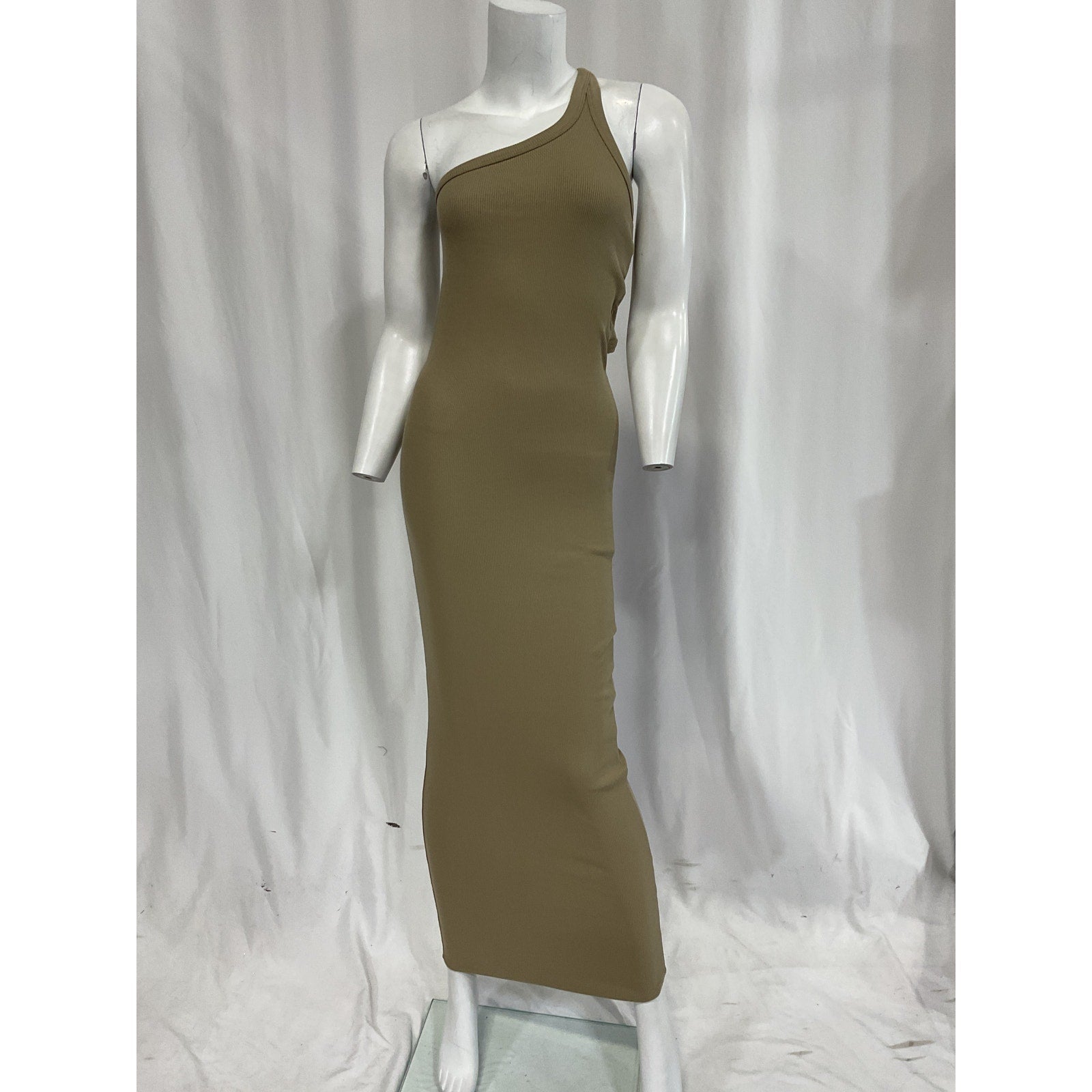 The Line by K Olive Gael One-Shoulder Ribbed Stretch-Cotton Maxi Dress Size S - NWT