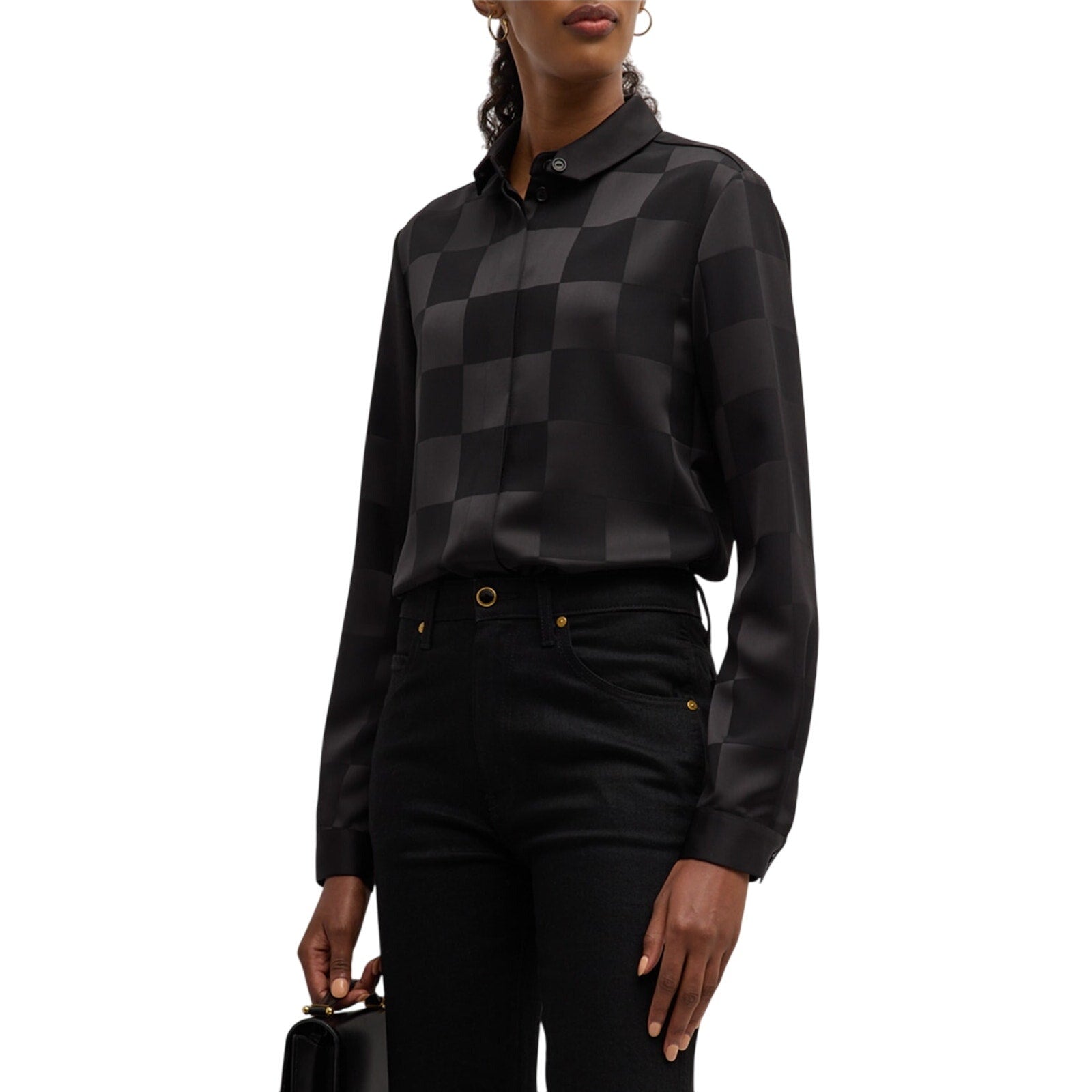 Emporio Armani 'Checkered' Black Polyester Satin Blouse Size 40