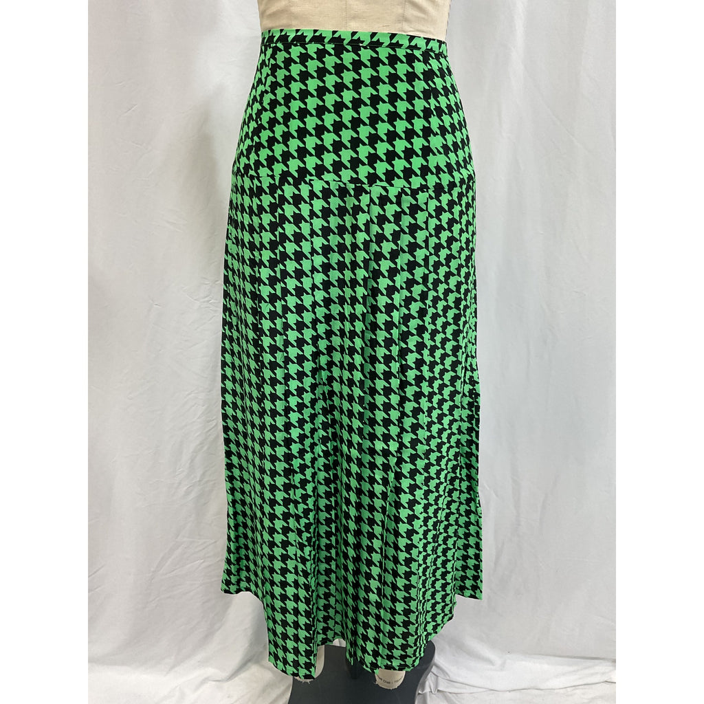 Rixo 'Nancy' Green Pleated Houndstooth Silk-Crepe Midi Skirt Size S