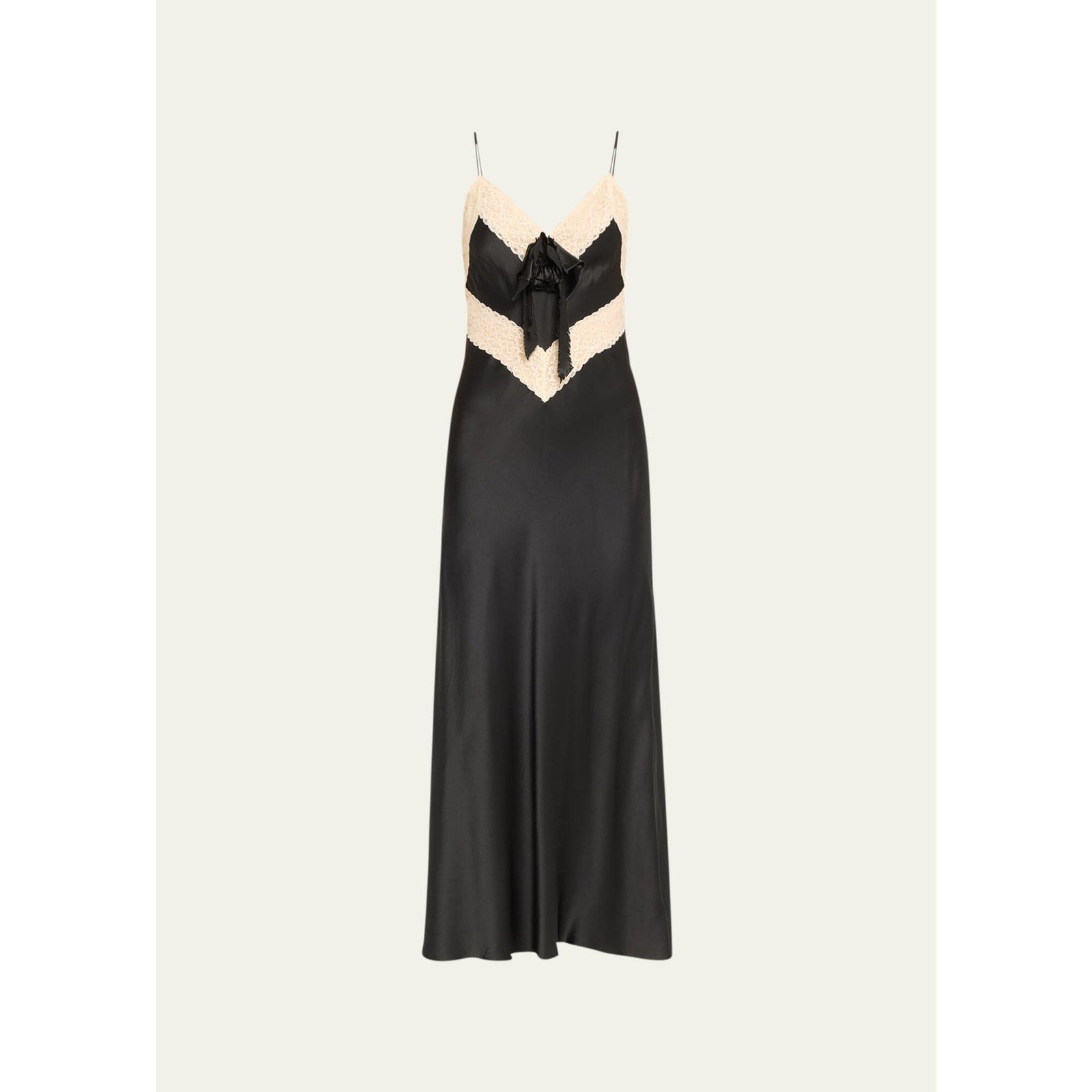 Loveshackfancy 'Serita' Black Lace-Trim V Neck Sleeveless Silk Maxi Slip Dress Size XS
