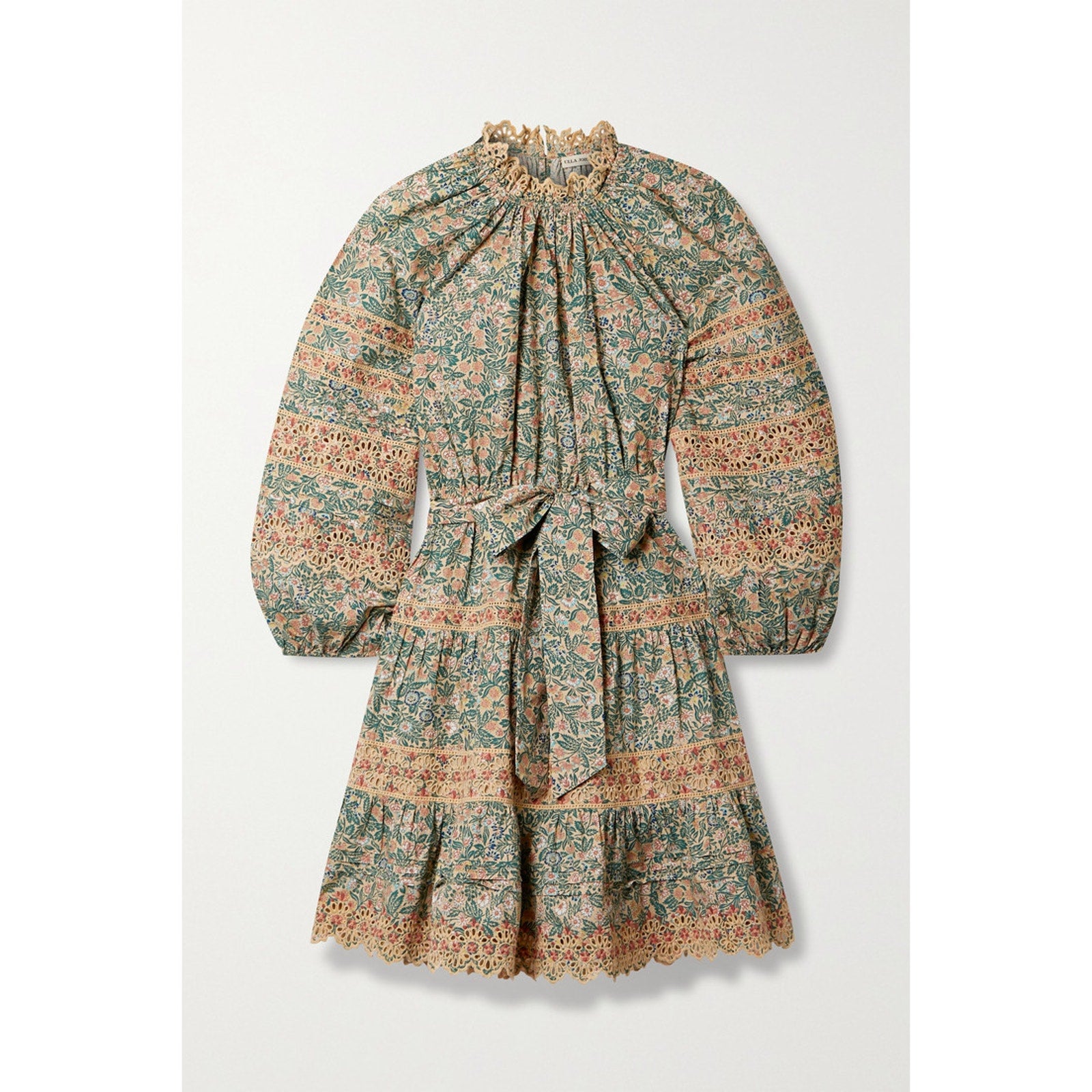 Ulla Johnson 'Ardith' Green Belted Broderie Anglaise-Trimmed Floral Poplin Mini Dress Size 4
