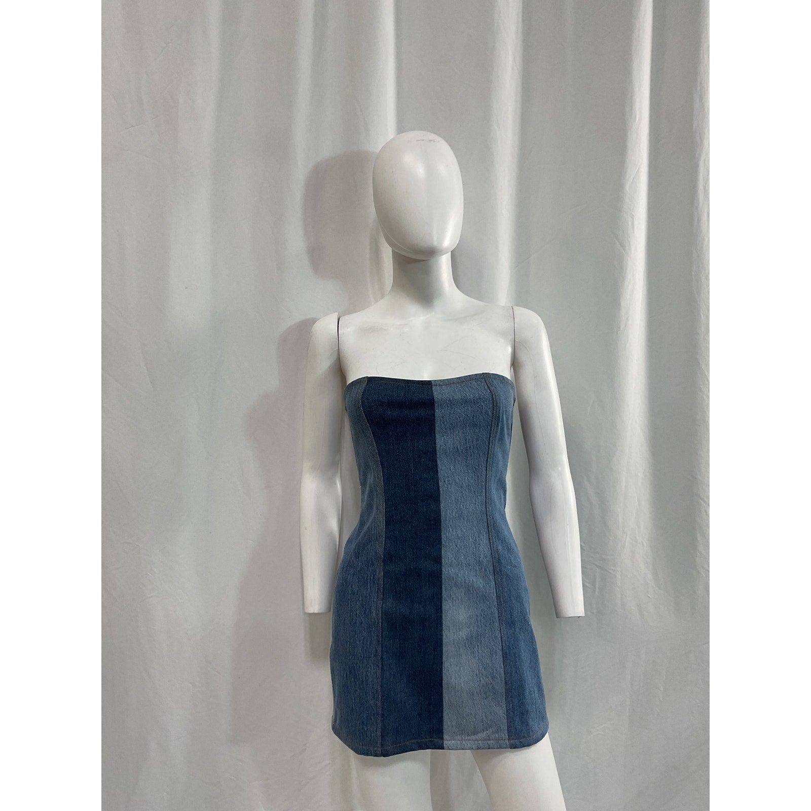 Eb Denim Strapless Blue Patchwork Mini Dress Size S