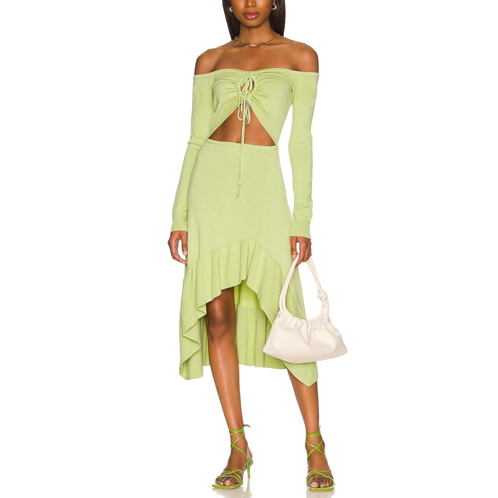 Lpa Aarika Off Shoulder Green Viscose Midi Dress Size S