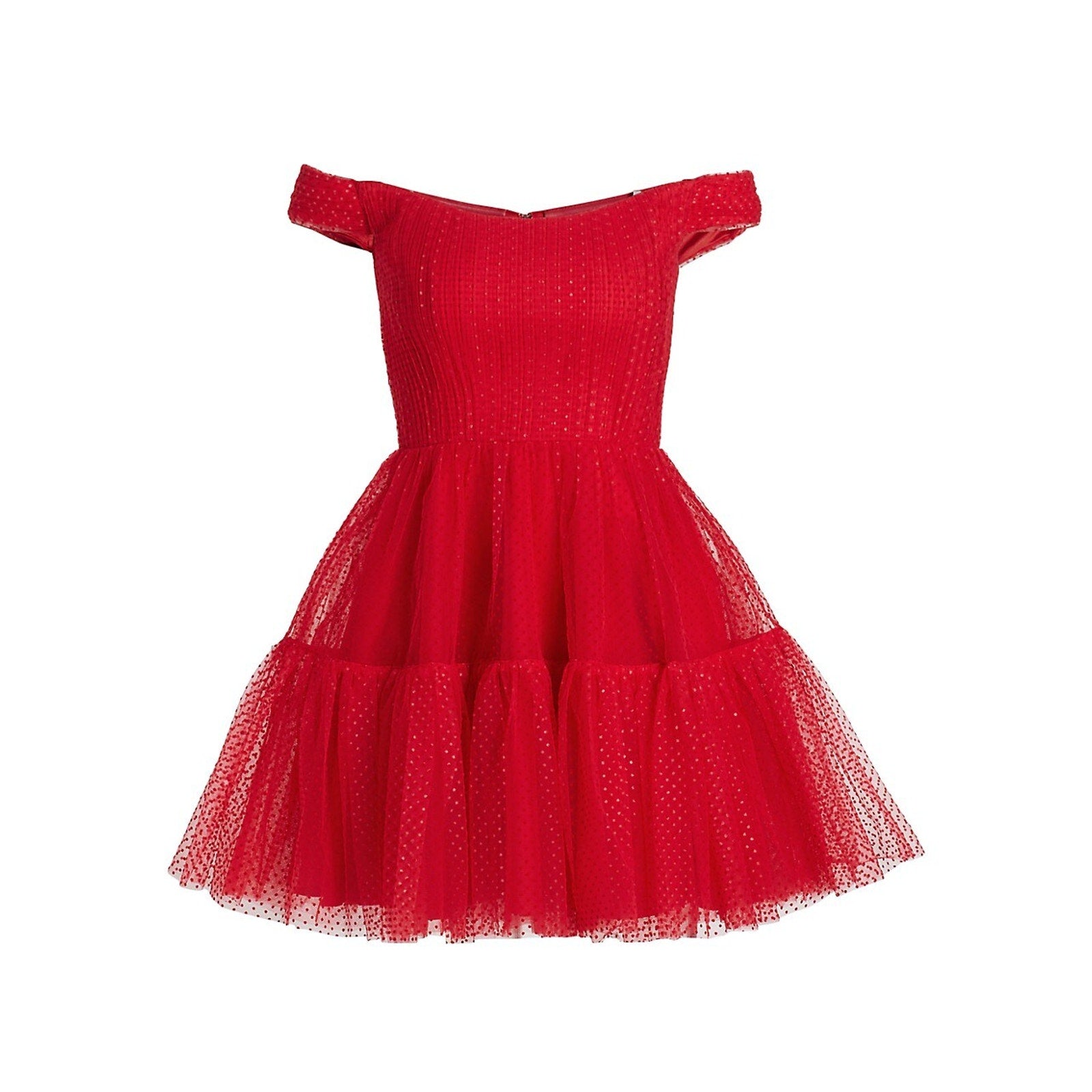 Ml Monique Lhuillier 'Monique Lhuillier' Red Swiss Dot Off-The-Shoulder Minidress Size 6