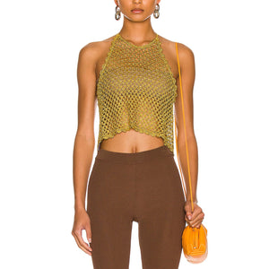 Ganni Metallic Gold Crochet Halter Top Size XS