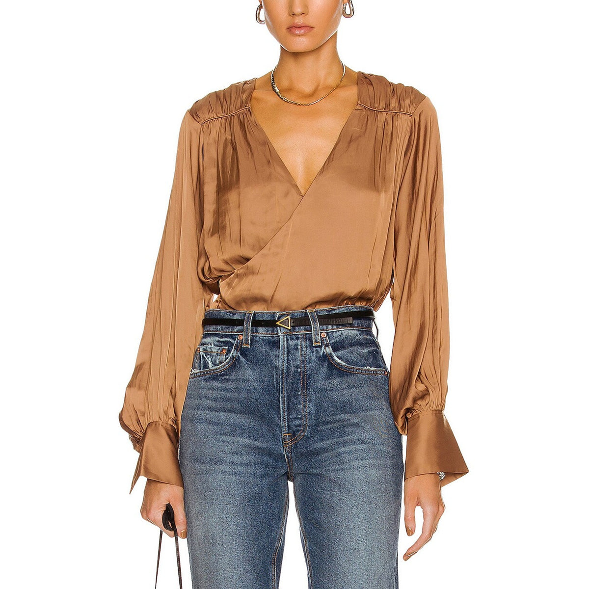 Frame Long Sleeve Brown Polyester Crossover Top Size S - NWT