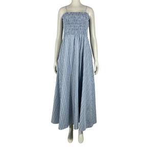 Faithfull The Brand Smocked Blue Stripe Lida Maxi Dress Size L NWT