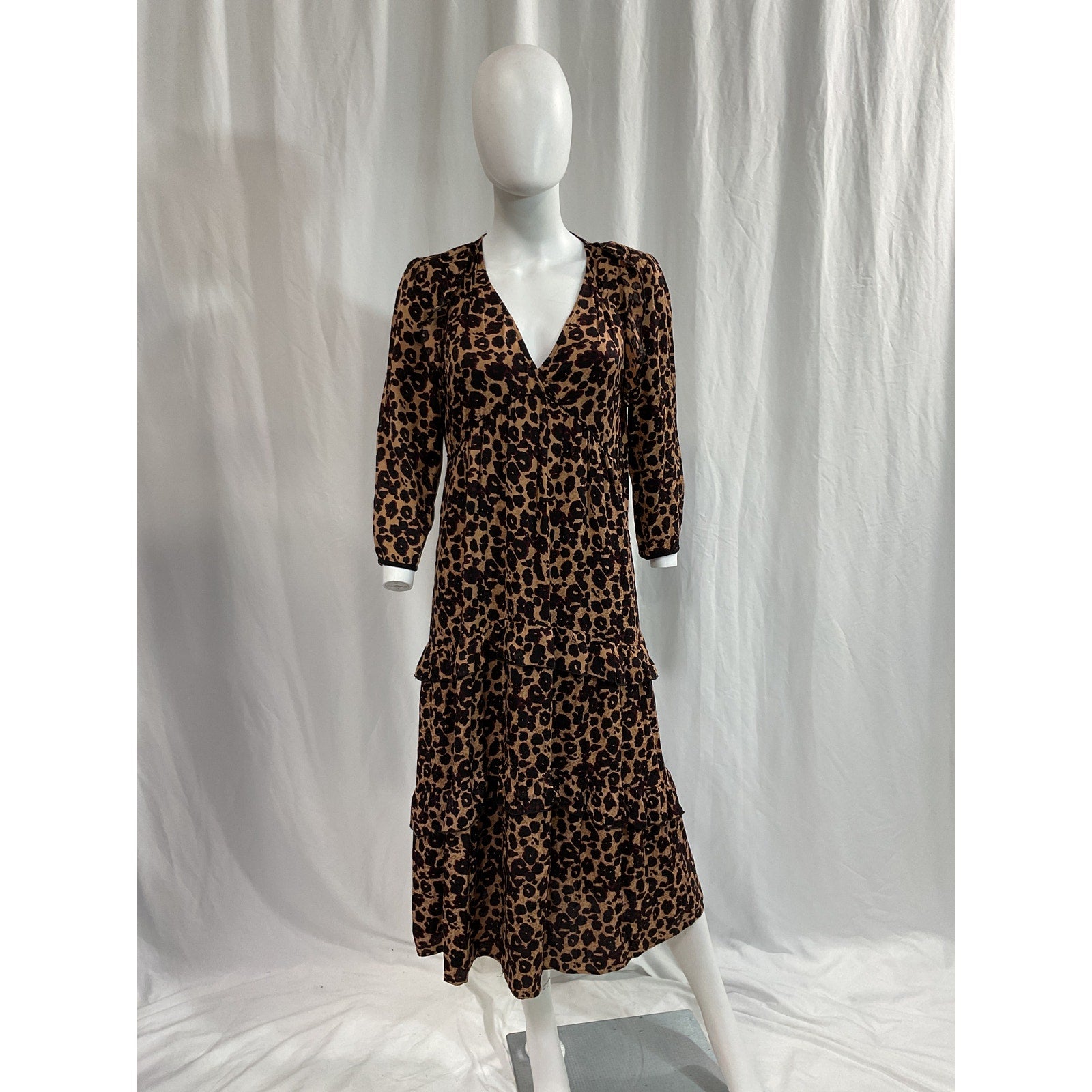 Ba&Sh Animal Print Brown Three Quarter Sleeve V Neck Midi Dress Size L