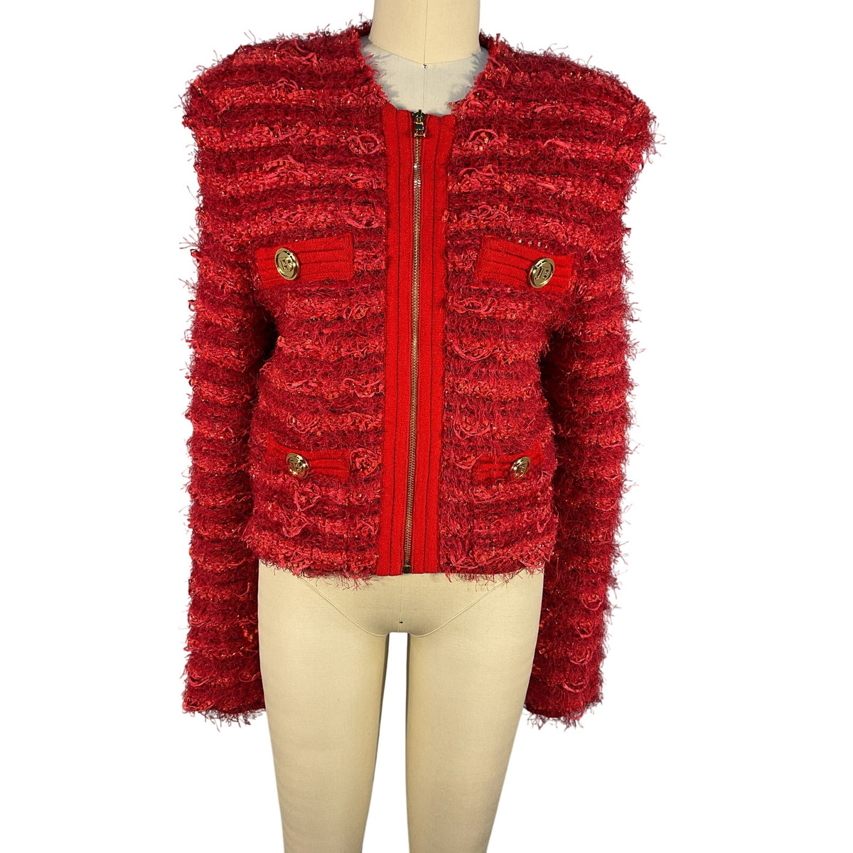 Balmain Strong Shoulder Red Tweed Jacket Size 4 US / FR 36