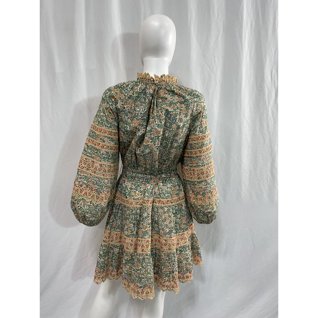 Ulla Johnson 'Ardith' Green Belted Broderie Anglaise-Trimmed Floral Poplin Mini Dress Size 4