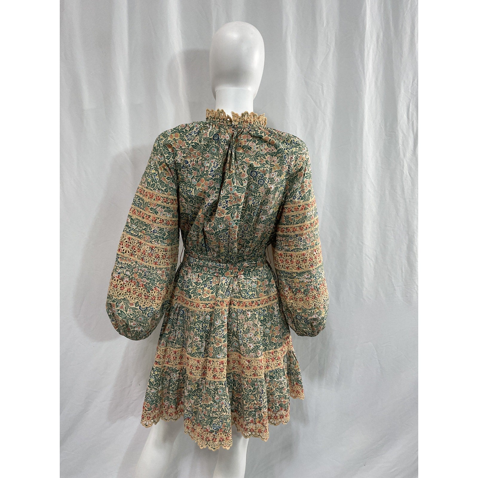 Ulla Johnson 'Ardith' Green Belted Broderie Anglaise-Trimmed Floral Poplin Mini Dress Size 4