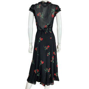 Reformation Romantic Black Rose Print Wrap Midi Dress Size S