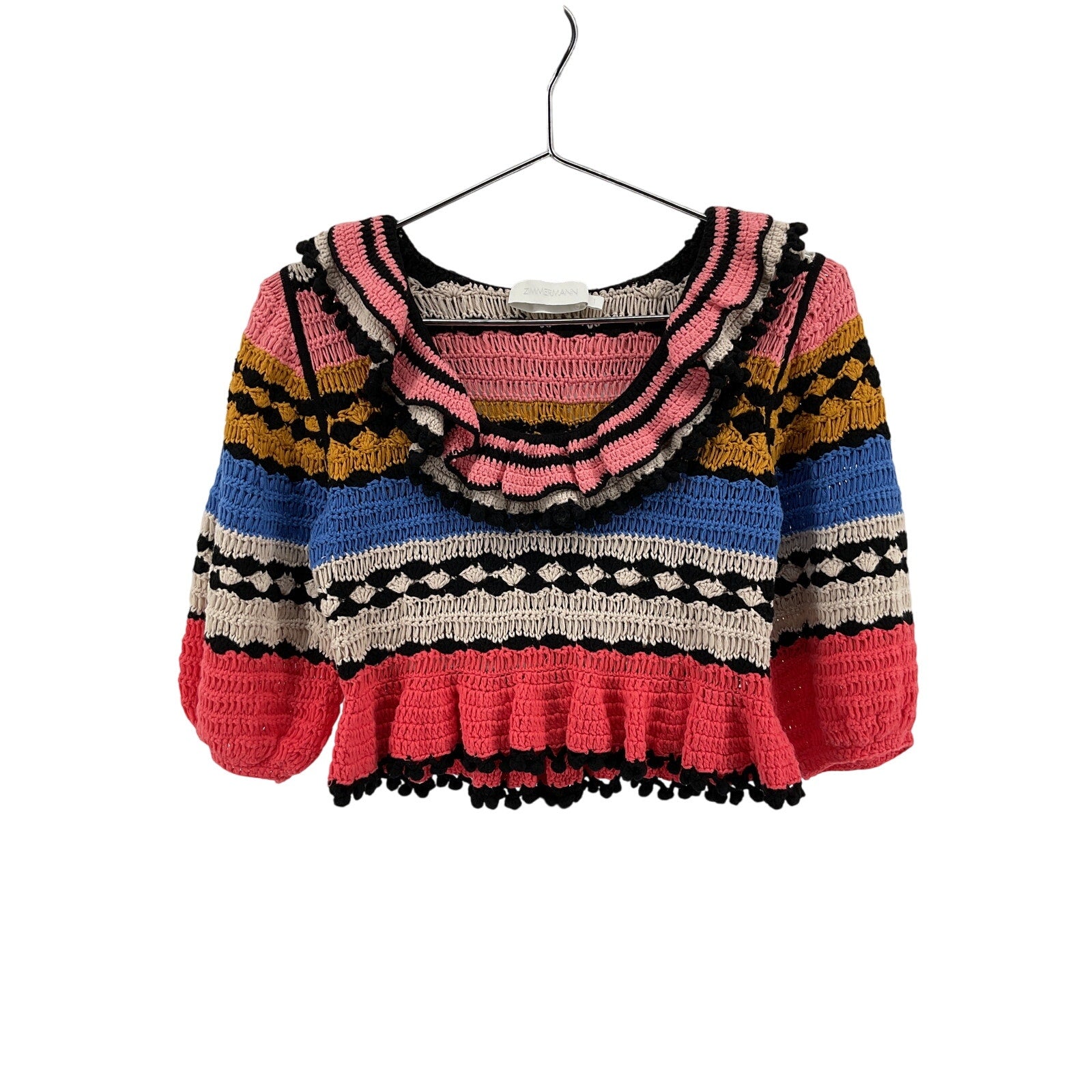 Zimmermann Ruffled Pink Cotton Crocheted Cotton Sweater Size 1