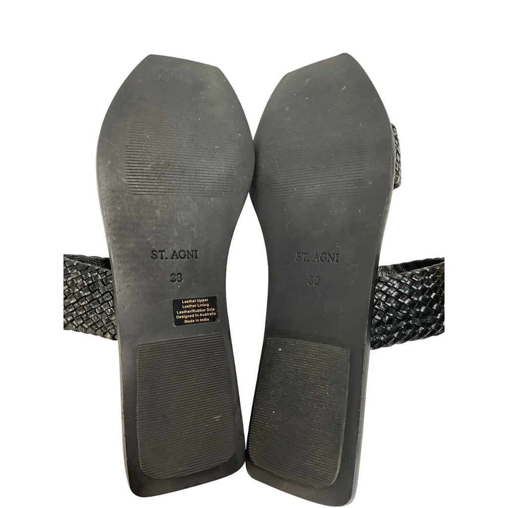 St. Agni 'Clea' Black Leather Woven Leather Slides Size 8