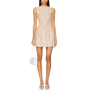 Faithfull The Brand Smocked Beige Noa Mini Dress Size 8