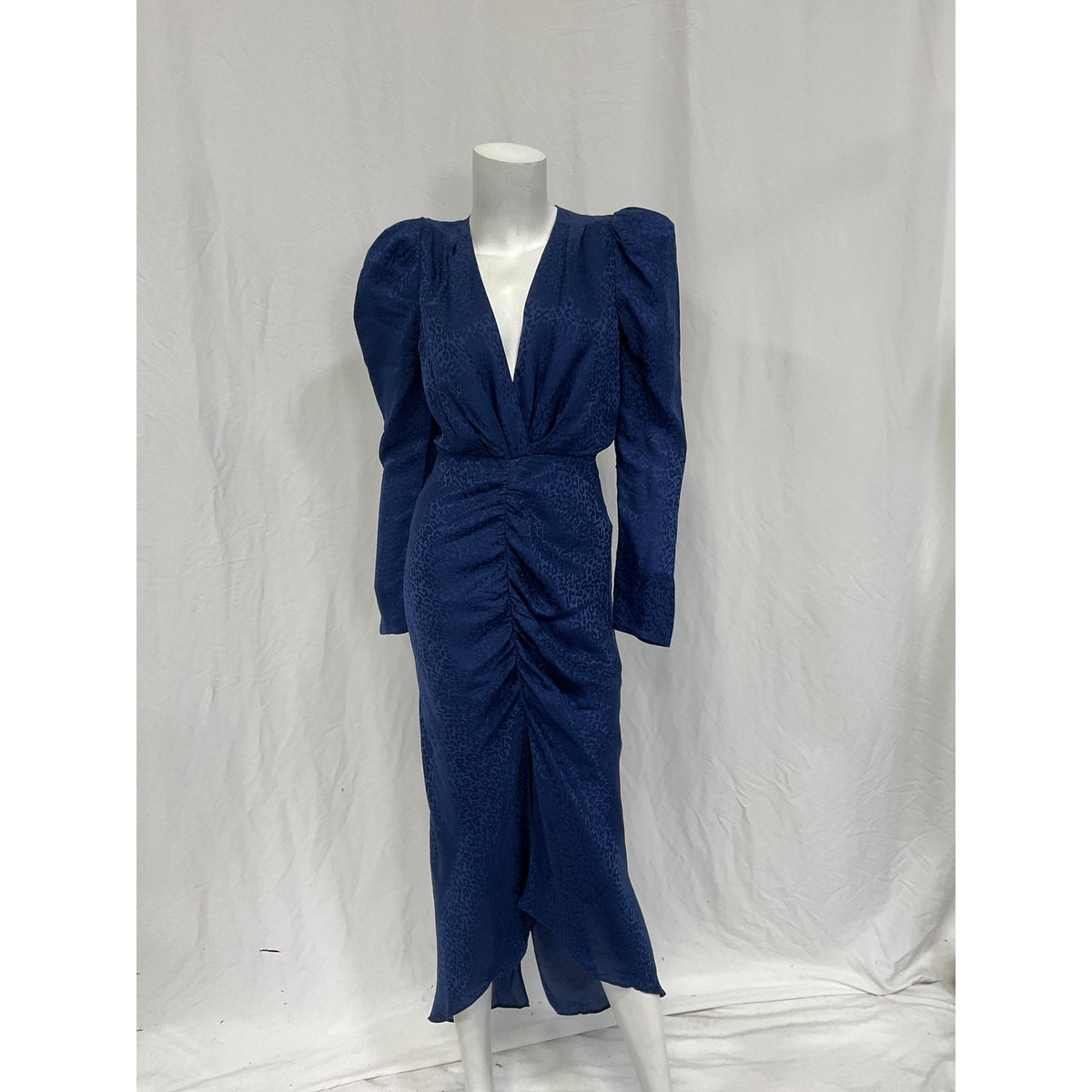 Ronny Kobo 'Astrid' Blue Viscose Ruched Satin-Jacquard Midi Dress Size S