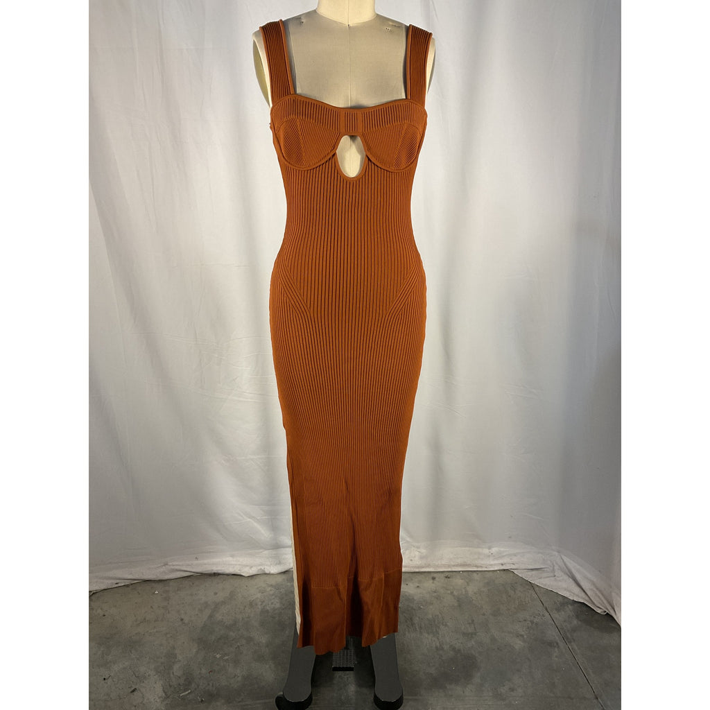 Aknvas 'Maddy' Brown Rayon Cut-Out Rib Knit Maxi Dress Size S