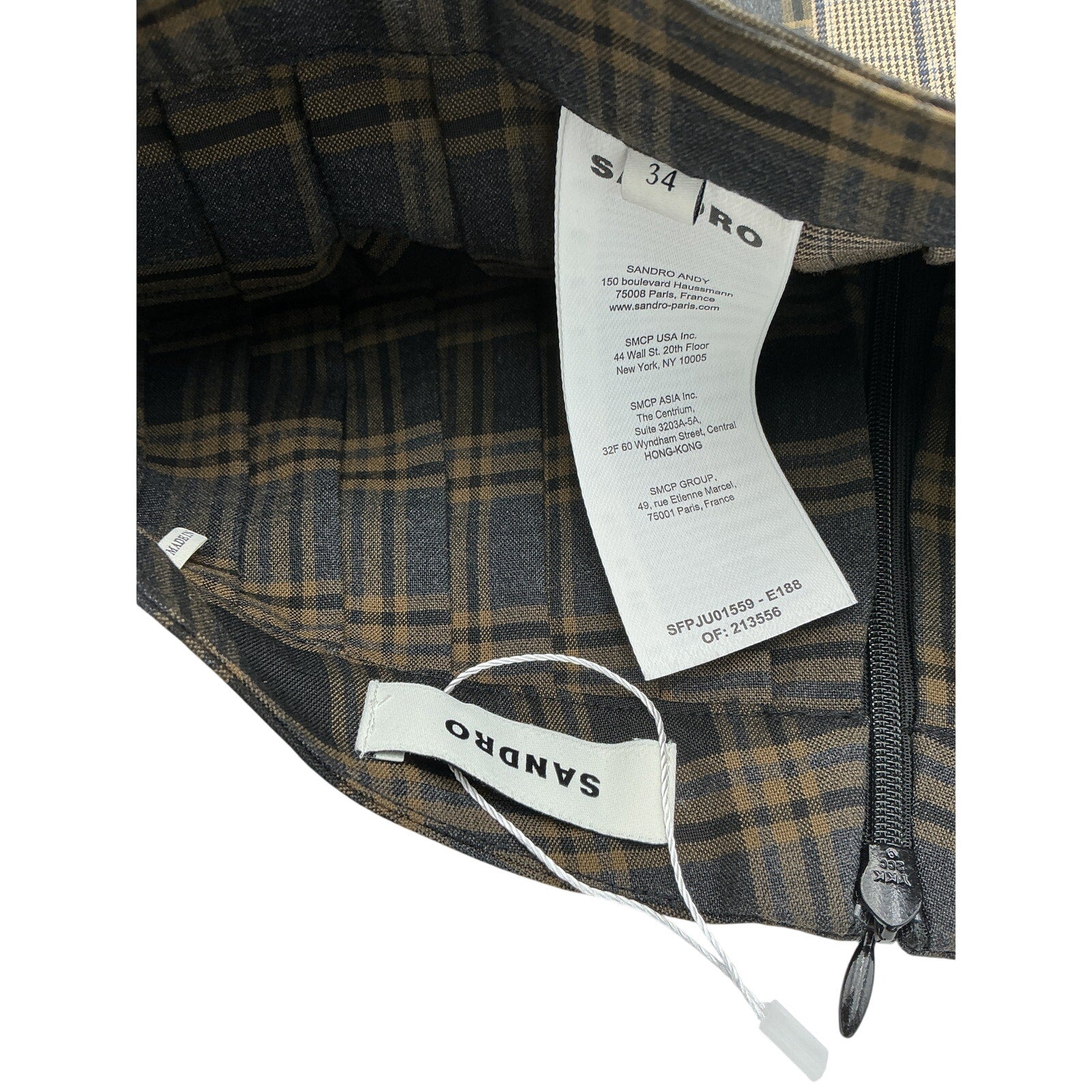 Sandro Brown Polyester Short Checked Pleated Skirt Size 34