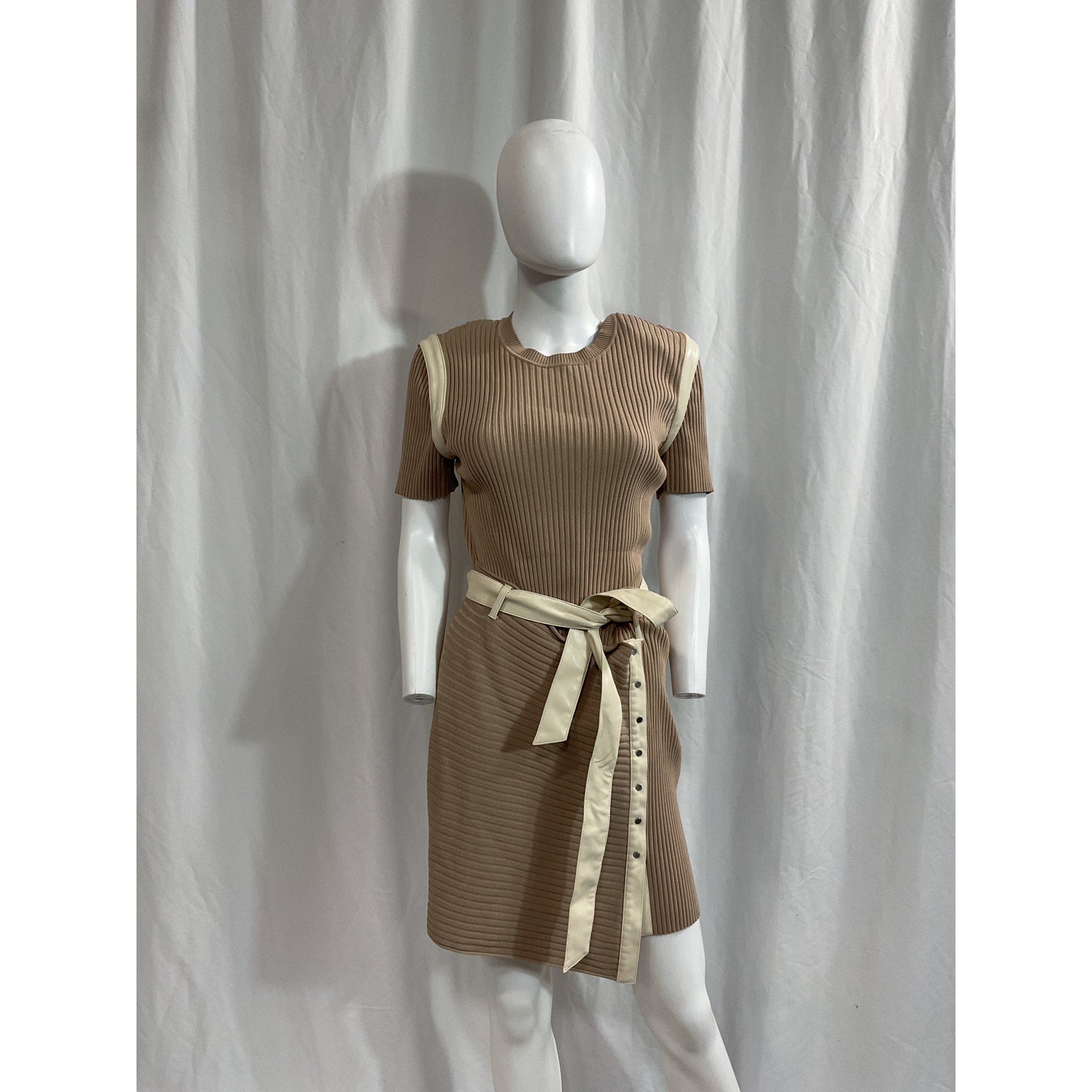 Simkhai 'Hardin' Beige Faux Leather Rib Belted Dress Size M