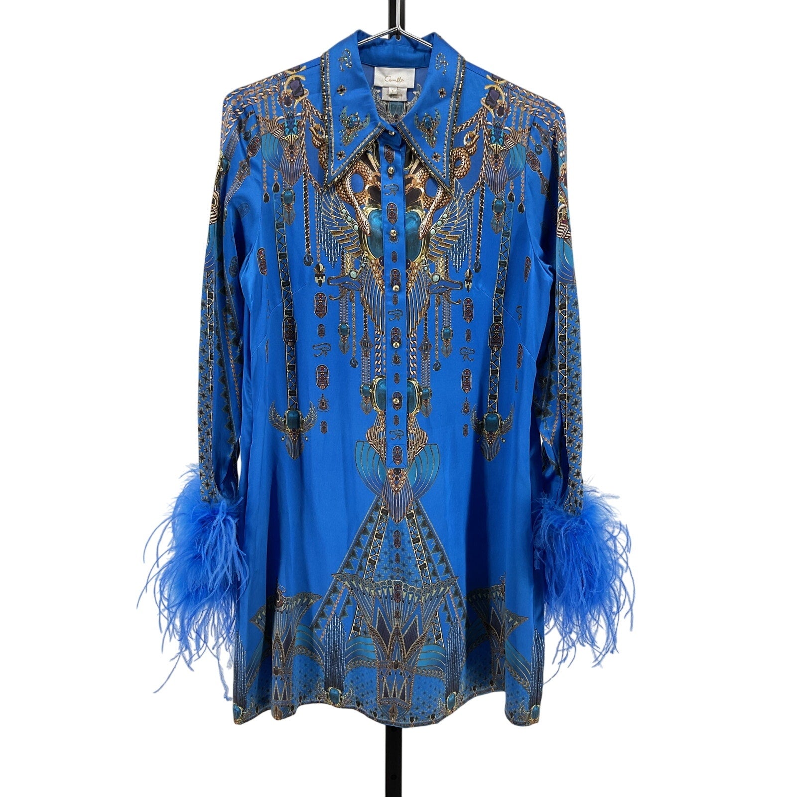 Camilla Mini Blue Silk Shirt Dress With Feather Cuffs Size S - NWT