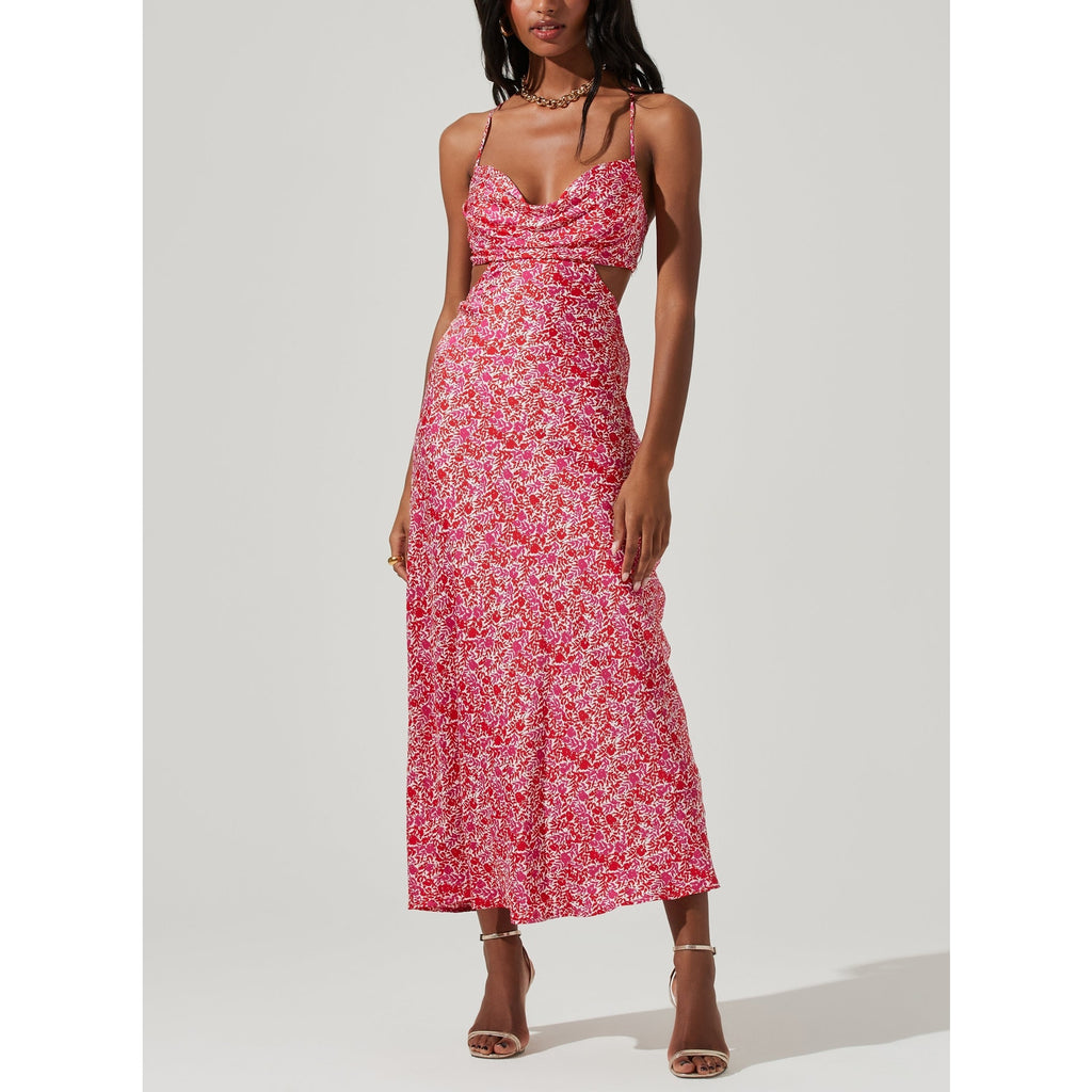 Astr The Label 'Colette' Red Floral Satin Cutout Midi Dress Size S