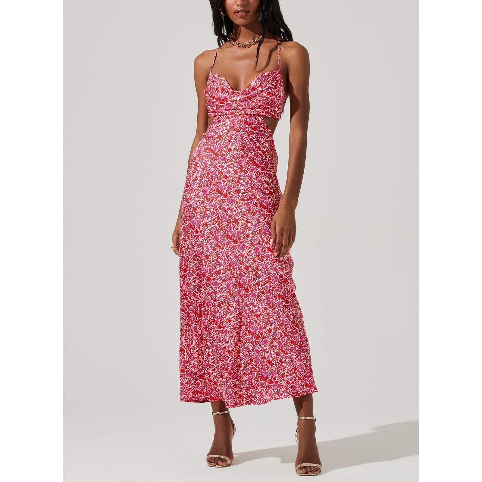 Astr The Label 'Colette' Red Floral Satin Cutout Midi Dress Size S
