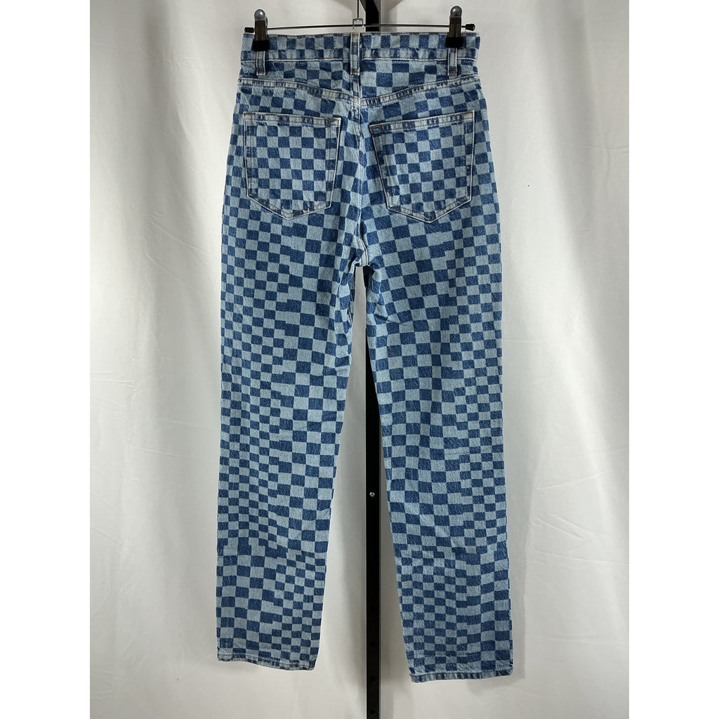 Reformation 'Cynthia' Blue Cotton Checkerboard High Rise Straight Jeans Size 25