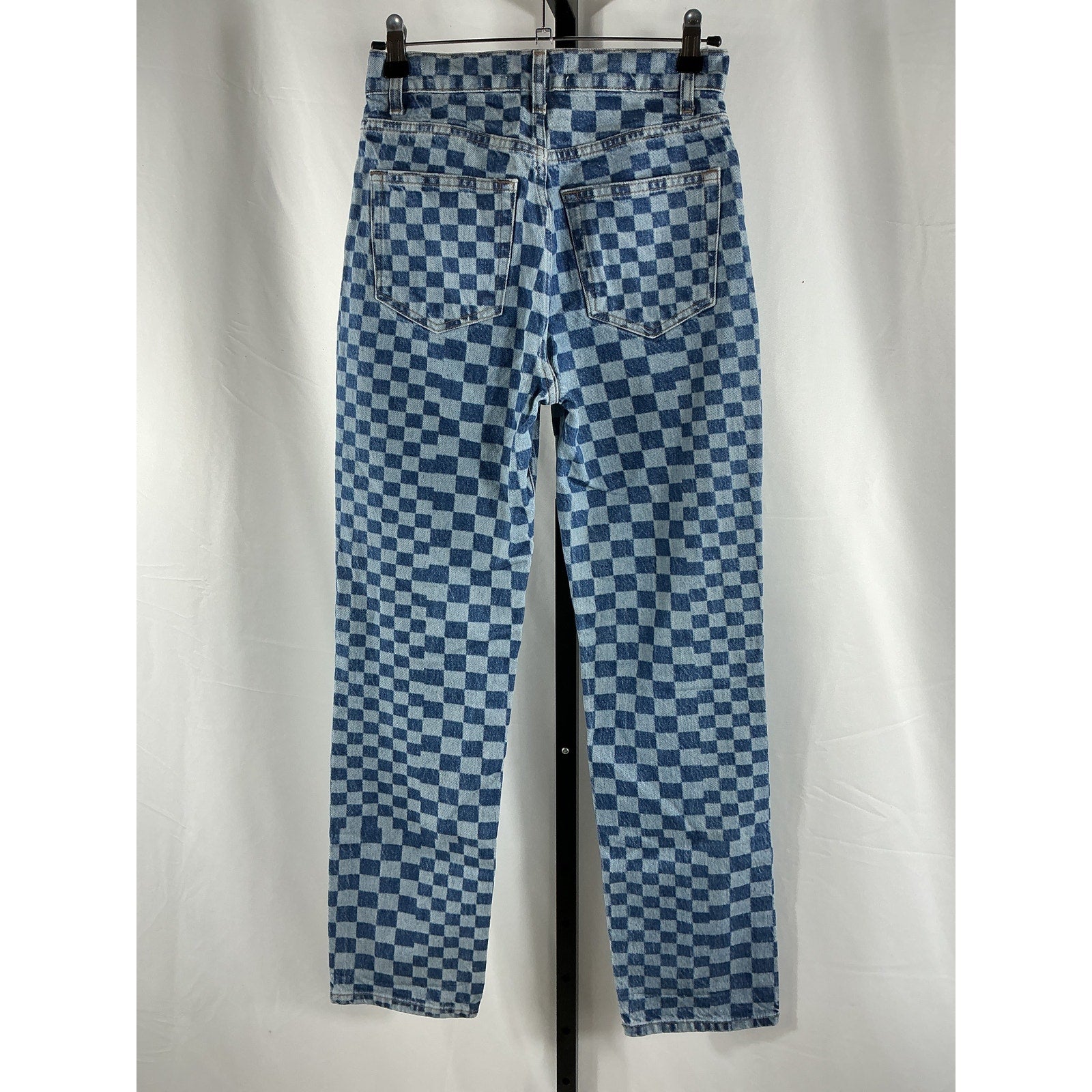 Reformation 'Cynthia' Blue Cotton Checkerboard High Rise Straight Jeans Size 25