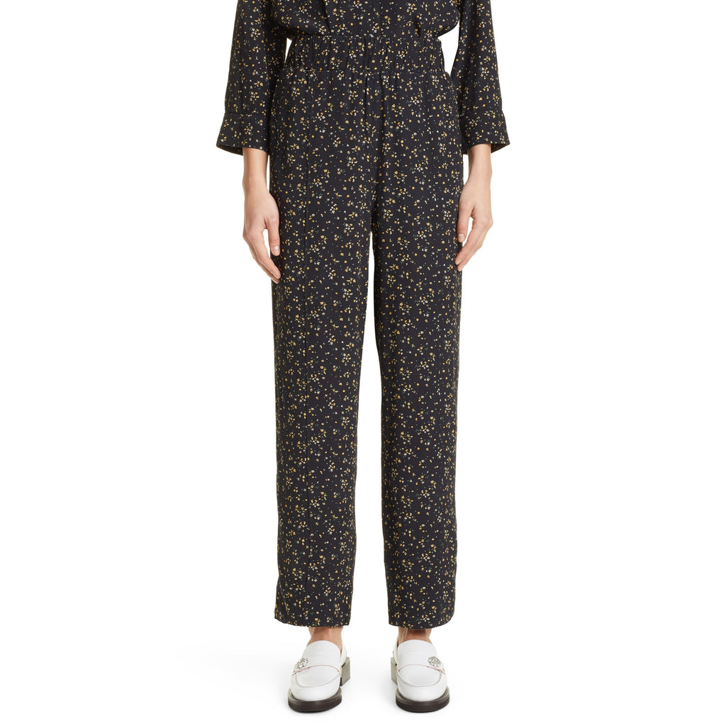 Ganni Floral Print Straight Black Viscose Leg Pants Size 36