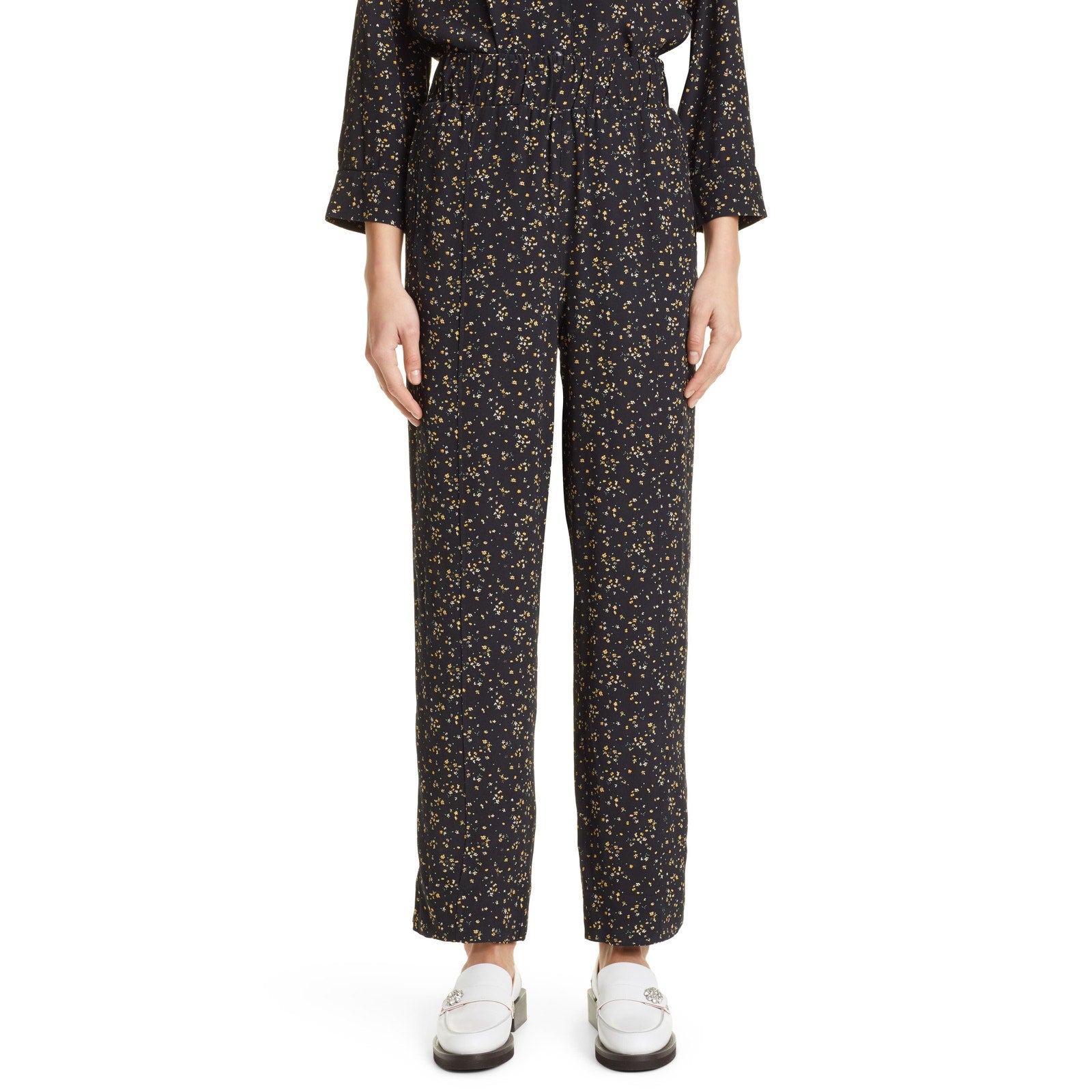 Ganni Floral Print Straight Black Viscose Leg Pants Size 36