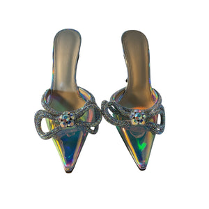 Mach & Mach Iridescent Silver Double Bow Mules Size IT 38 / 8 US
