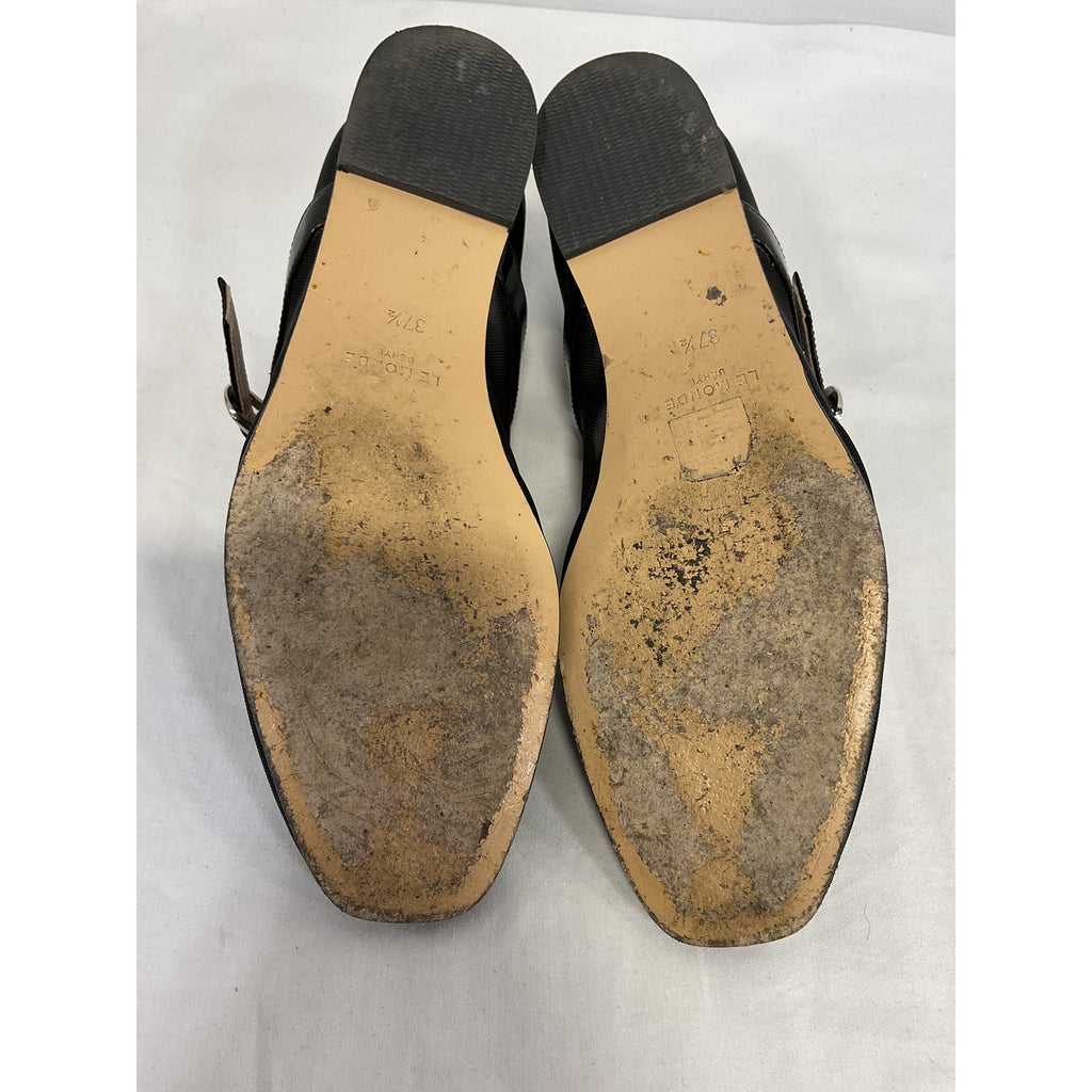 Le Monde Beryl Patent Leather-Trimmed Black Leather Mesh Flats Size 7.5