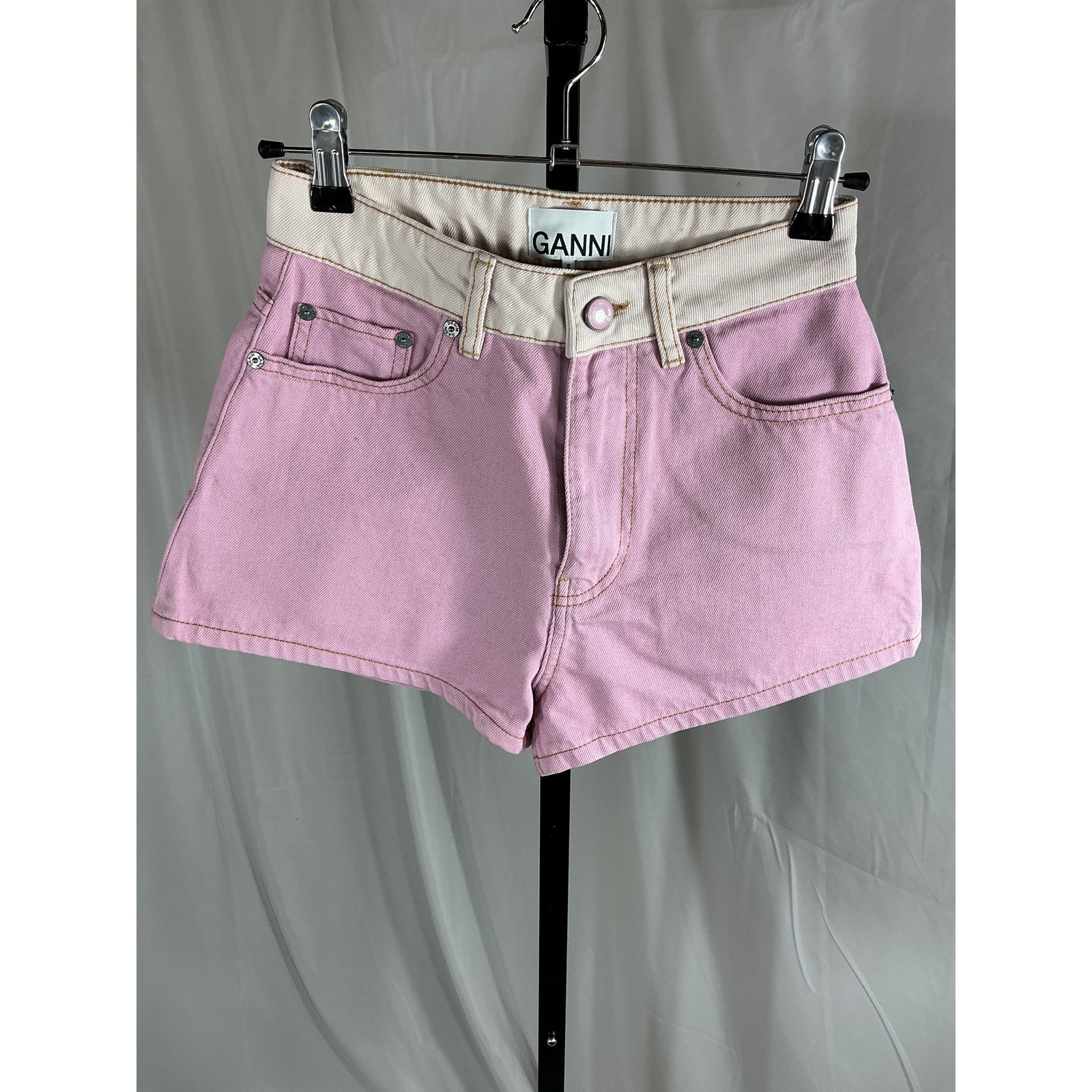 Ganni 'Overdyed' Pink Cotton Cutline Denim Short Size 25